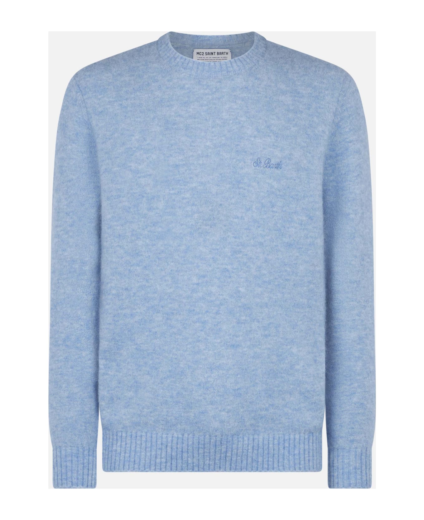 MC2 Saint Barth Man Light Blue Stretch Wool Sweater With St. Barth Embroidery - SKY