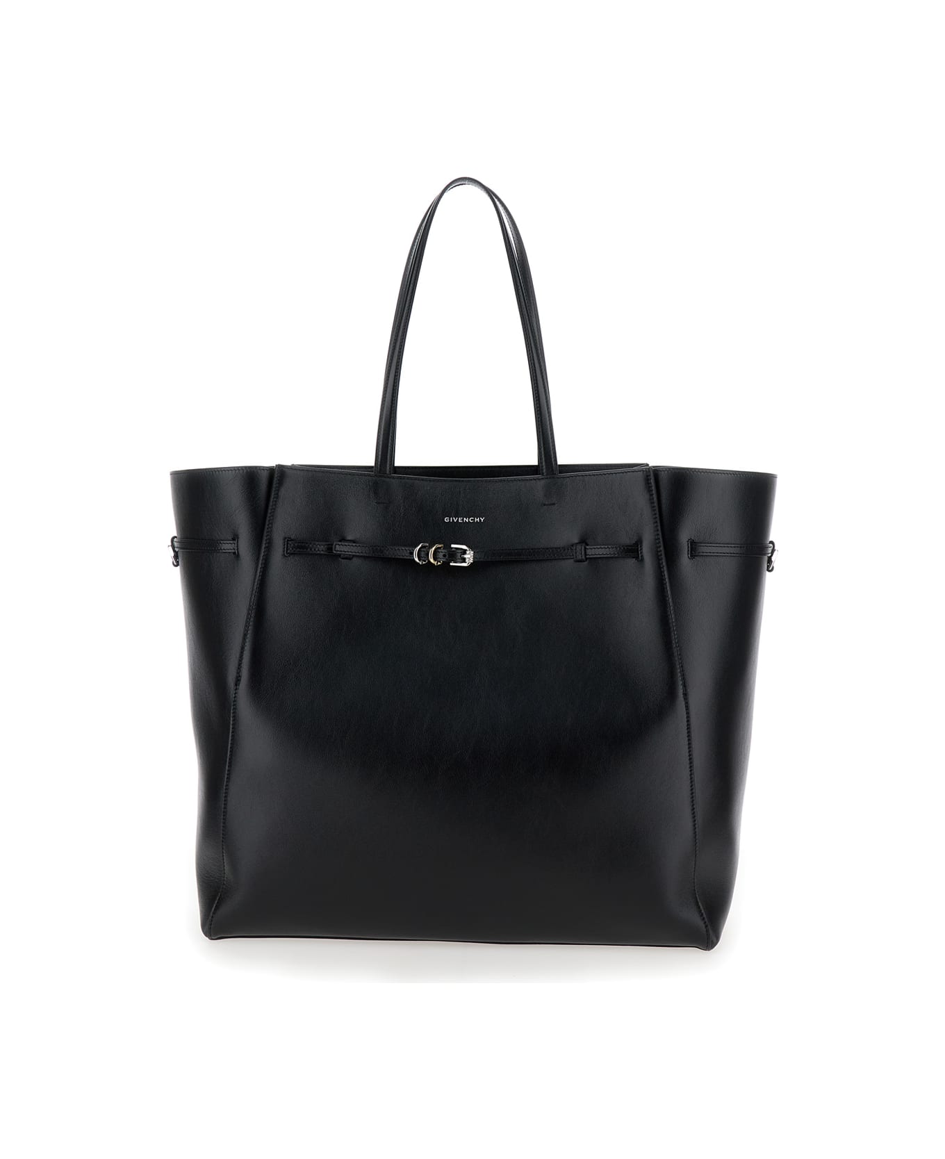 Givenchy 'voyou Large East West' Black Tote Bag With Logo Detail And Belt In Leather Woman - Black