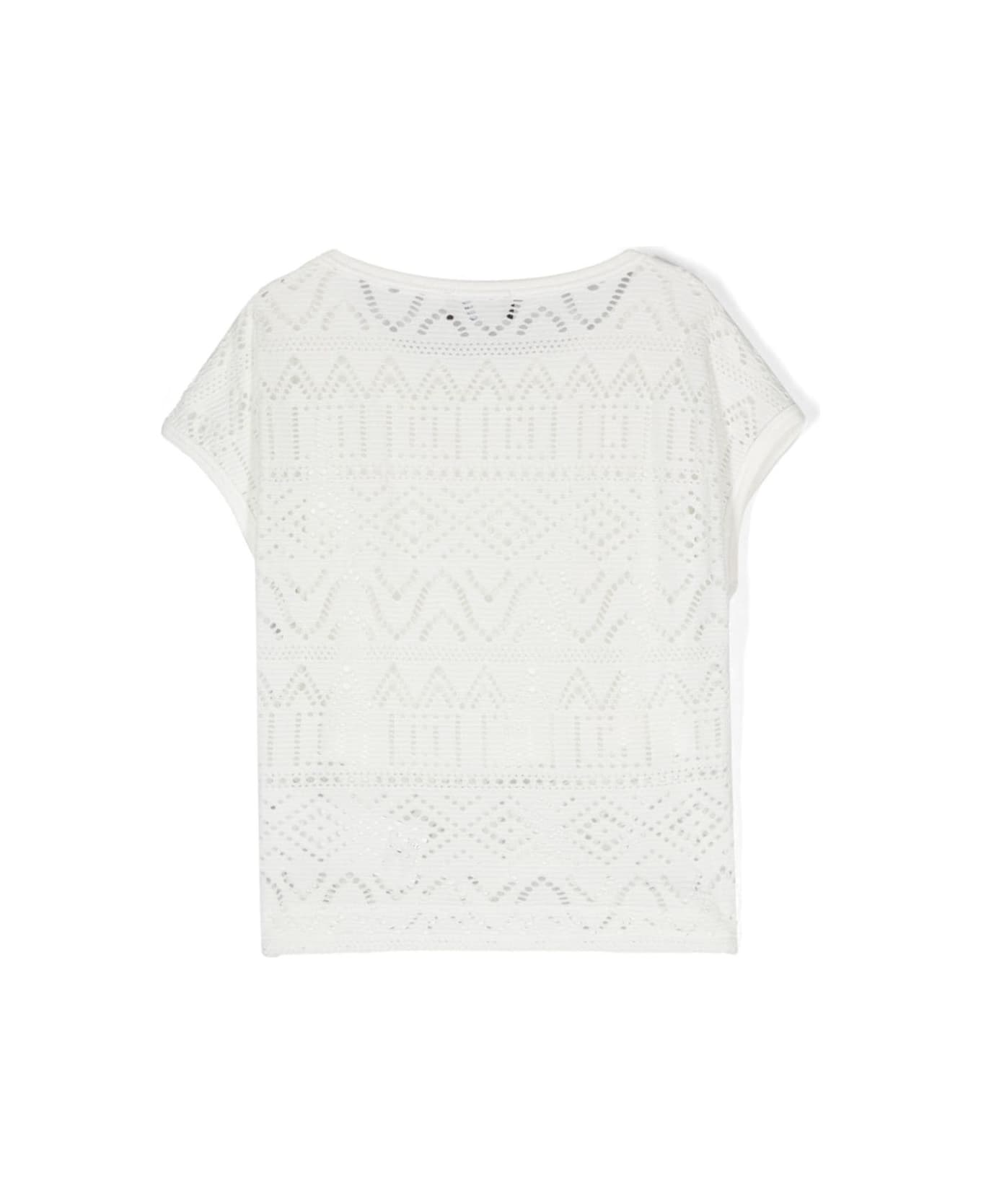 Monnalisa White Short Sleeve Top With Logo Plaque In Lace Girl - White