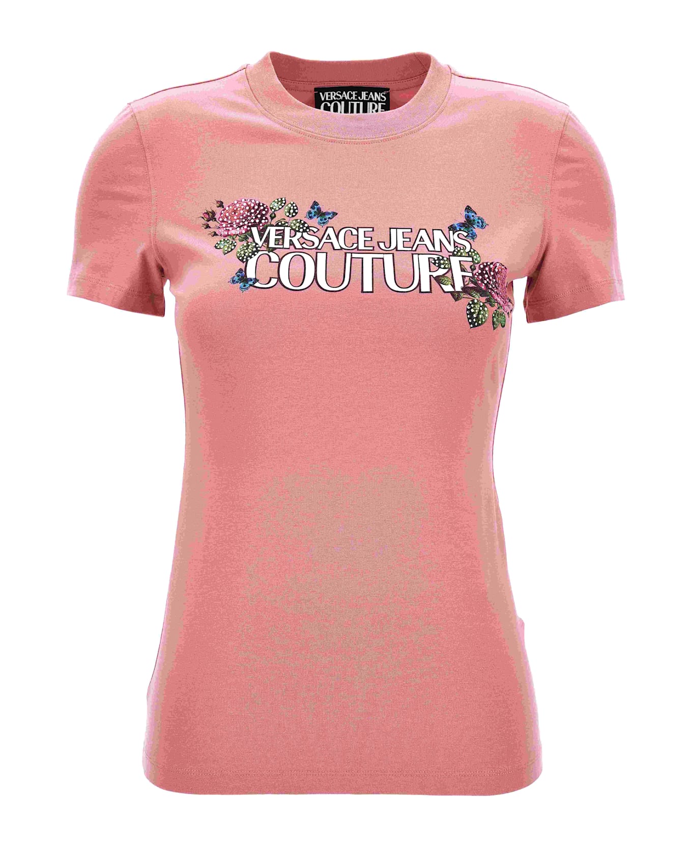 Versace Jeans Couture Pink T-shirt With Logo And Roses - Pink