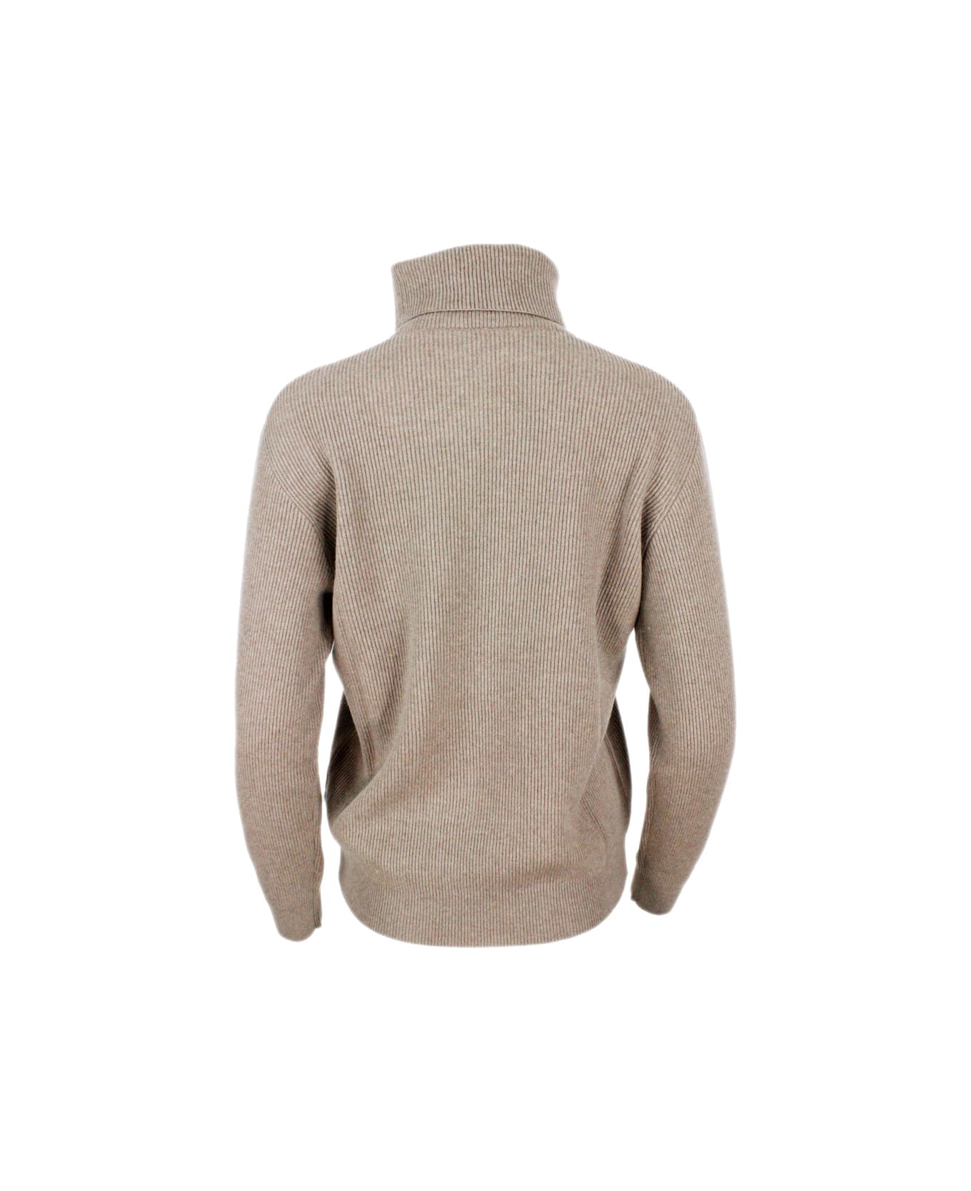 Brunello Cucinelli High Neck Sweater In Soft And Pure Cashmere Half English Rib With Monili Detail On The Neck In The Back - Tobacco