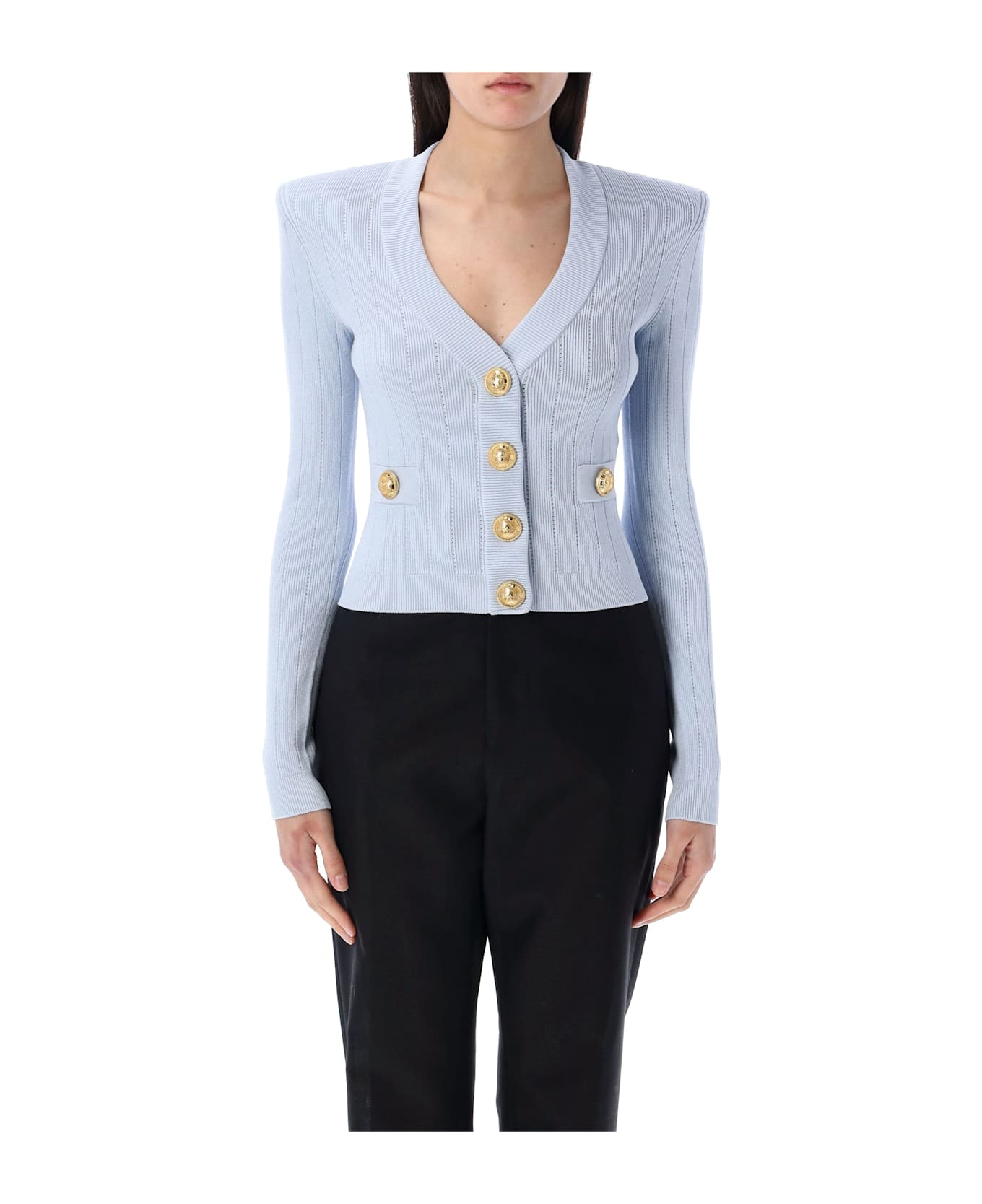Balmain Gold Buttons Knit Cardigan - PALE BLUE