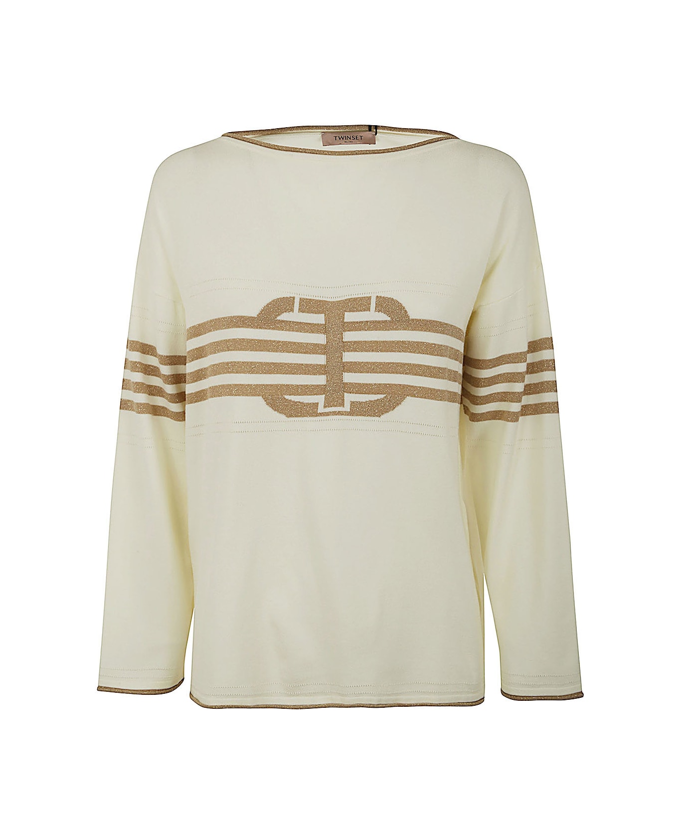 TwinSet Long Sleeves Boat Neck Striped Sweater With Logo - Bic Snow Gold Beige