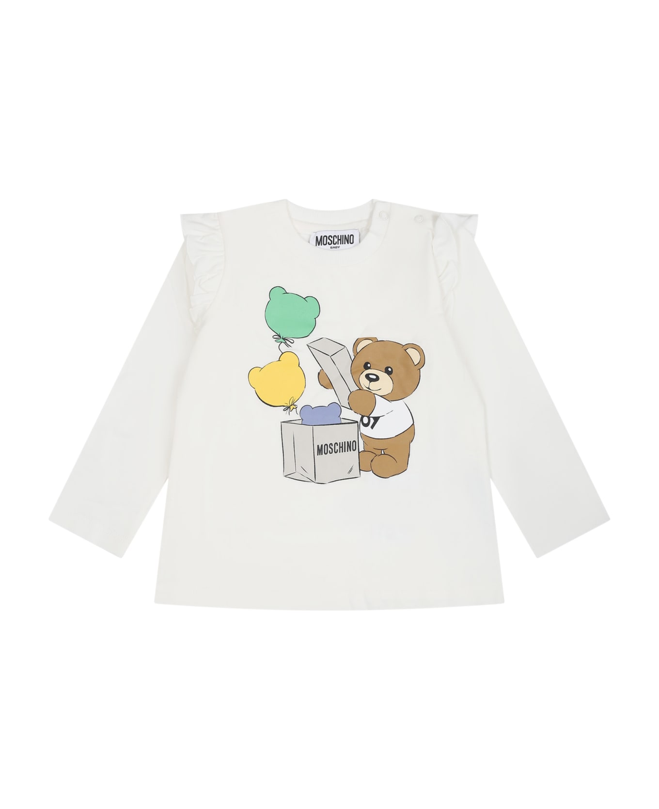 Moschino White T-tshirt For Baby Girl With Teddy Bear And Print - White Tシャツ＆ポロシャツ