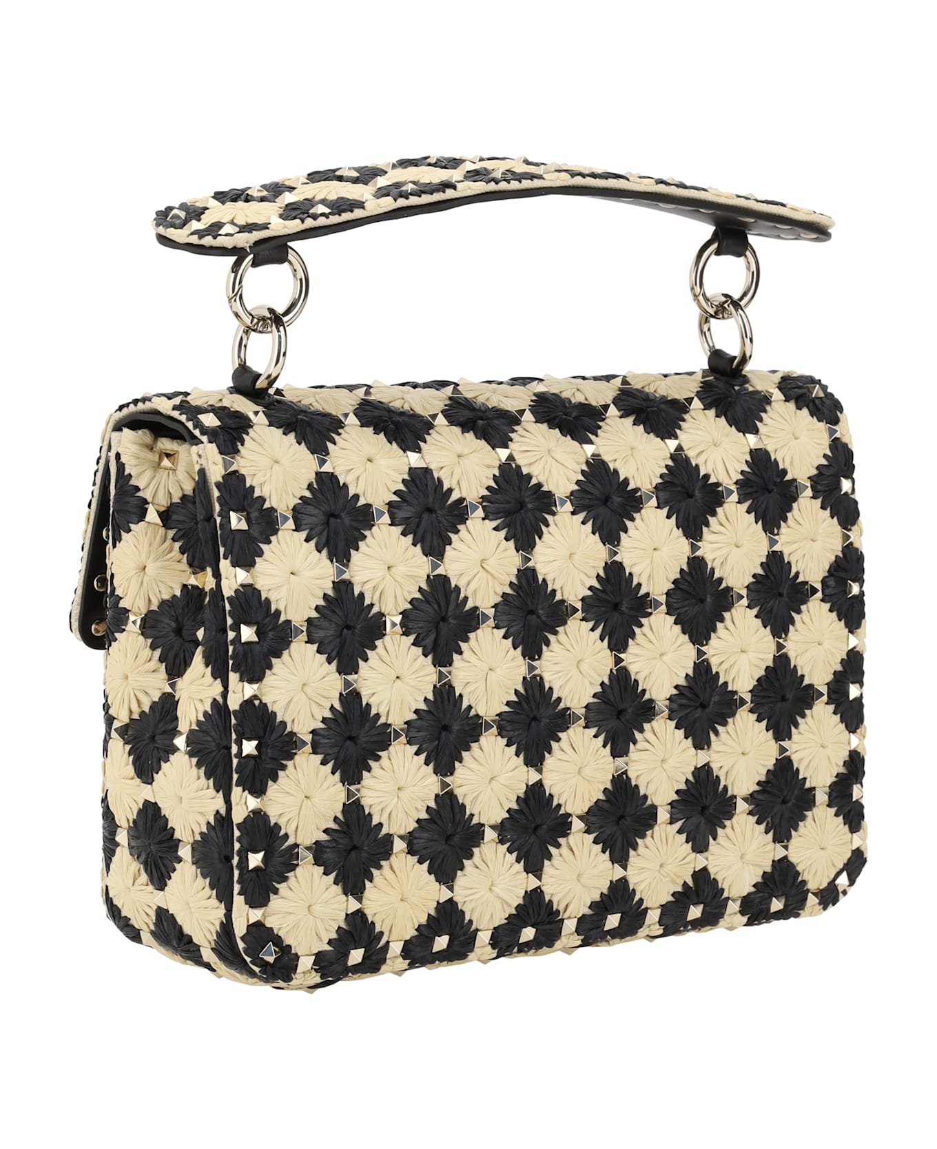 Valentino Garavani Two-tone Raffia Medium Rockstud Spike Handbag - Naturale/nero