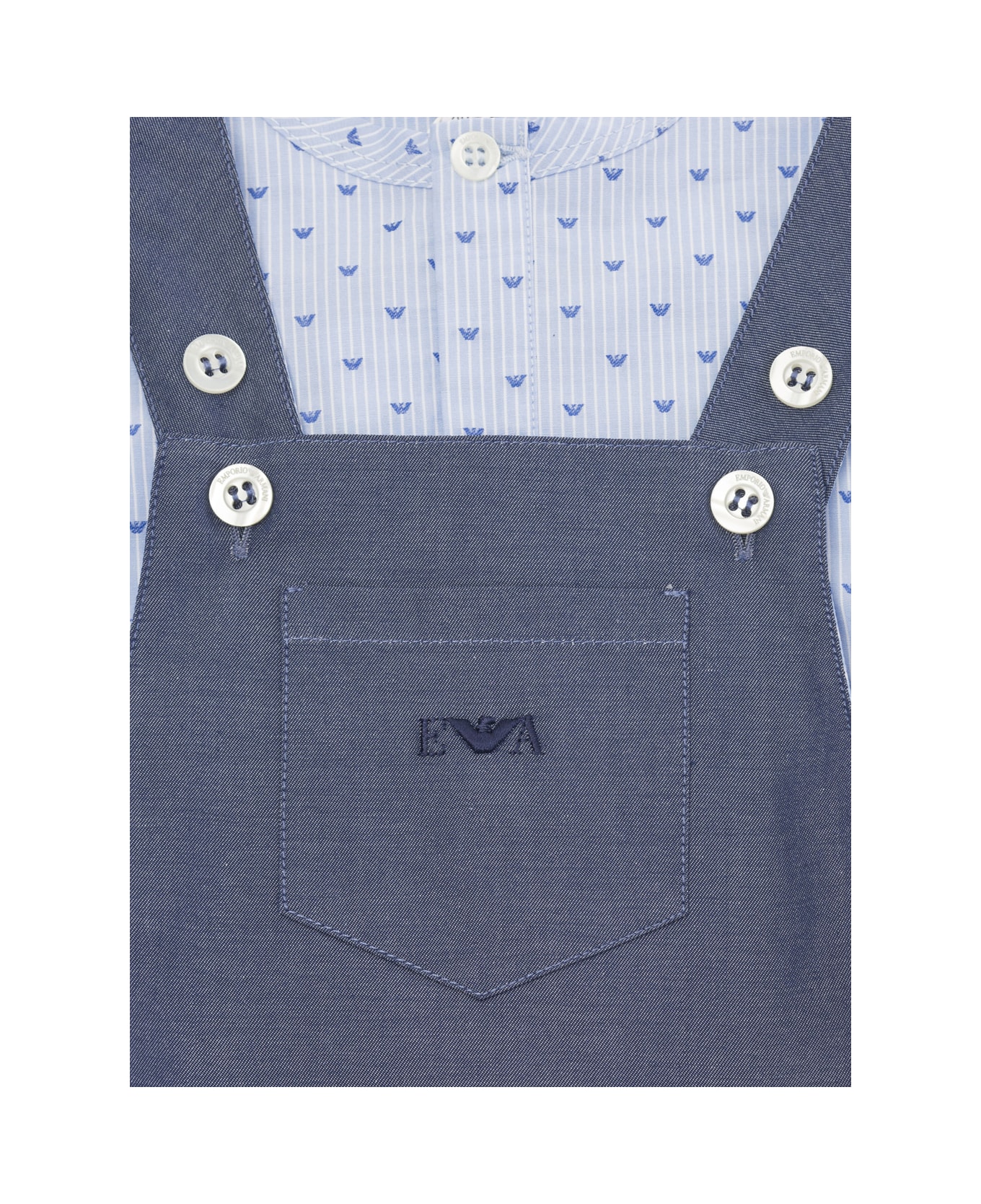 Emporio Armani Blue Dungarees With Logo Embroidery In Cotton Baby - Blu ボディスーツ＆セットアップ
