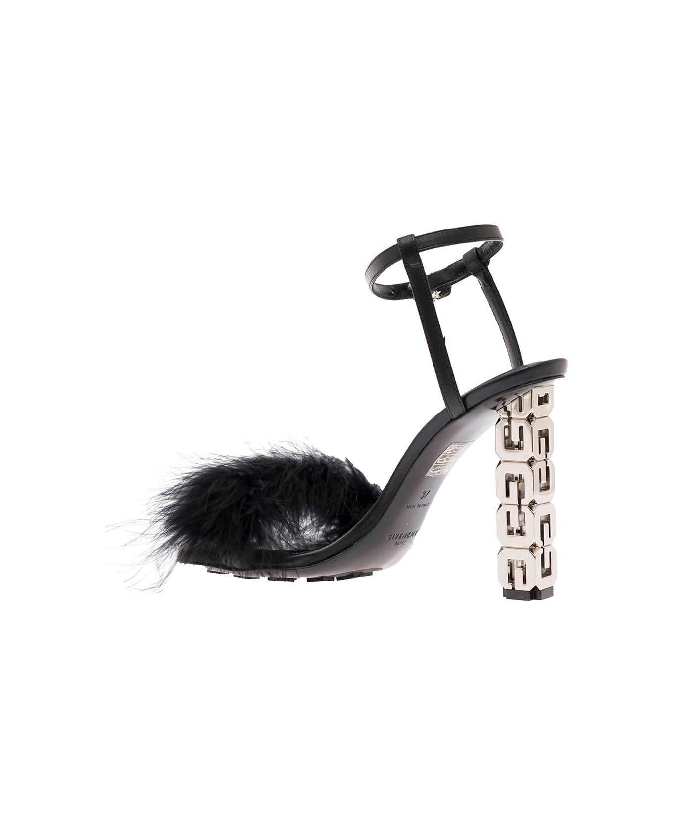 Givenchy 'g Cube' Black Sandals With Branded Heel And Tonal Feathers In Leather Woman - Nero