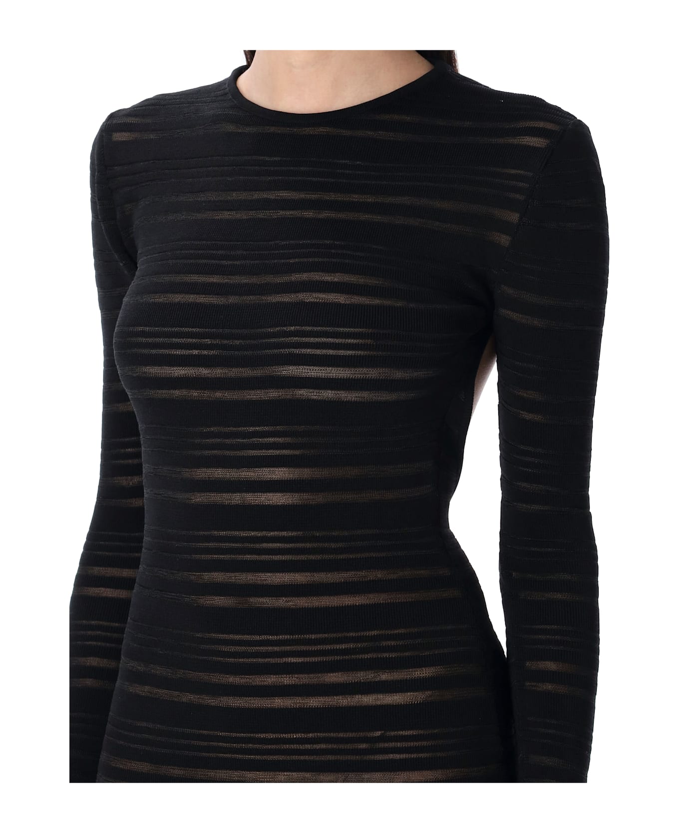 ANDREĀDAMO Striped Sheer Knit Long Dress - BLACK