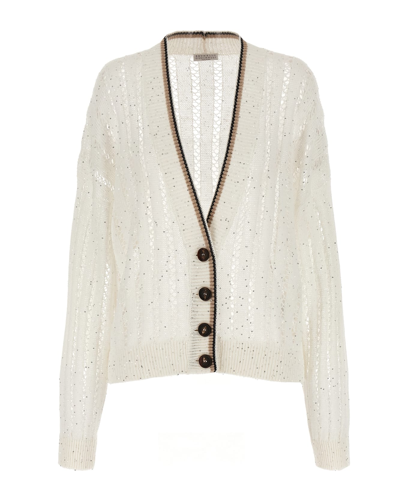 Brunello Cucinelli 'dazzling Ribbed Net' Cardigan - Bianco