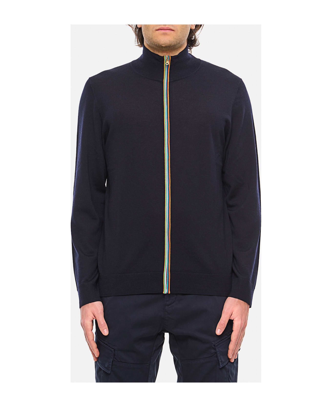 Paul Smith Navy Washable Merino Wool 'signature Stripe' Zip Cardigan - Blue