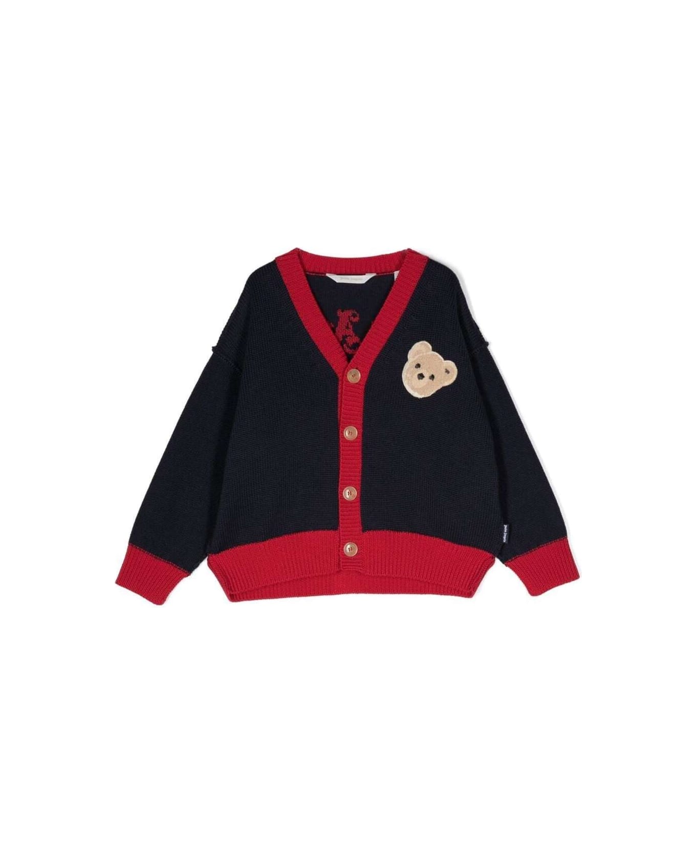 Palm Angels Knitted Cardigan With Teddy Bear Logo Patch In Blue And Red Wool Boy - Blu