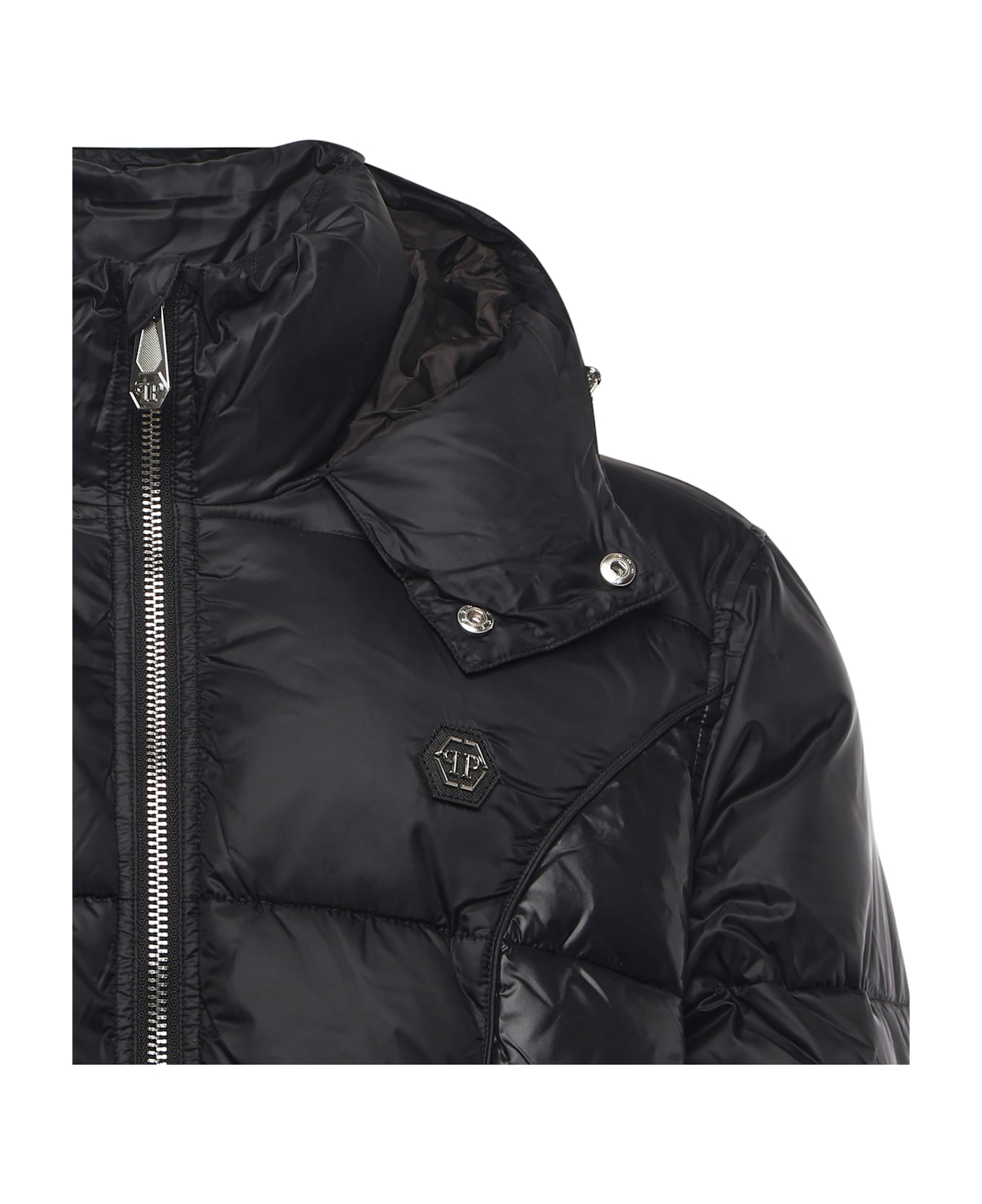 Philipp Plein Nylon Down Jacket With Logo - Black