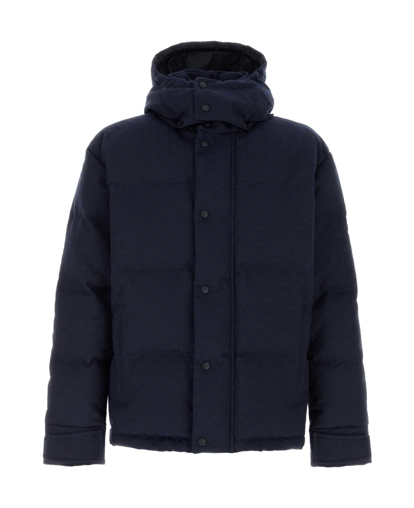 Navy Blue Gg Fabric Down Jacket