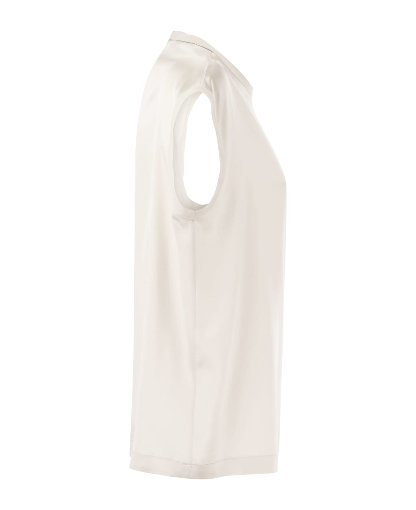 Brunello Cucinelli Silk T-shirt With Monili Details - WARM WHITE