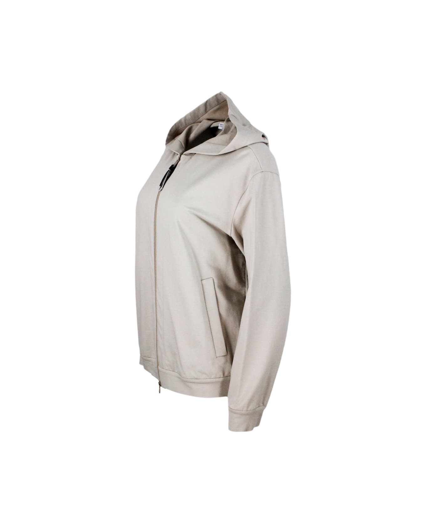 Brunello Cucinelli Stretch Cotton Sweatshirt With Hood And Jewel On The Zip Puller - Beige