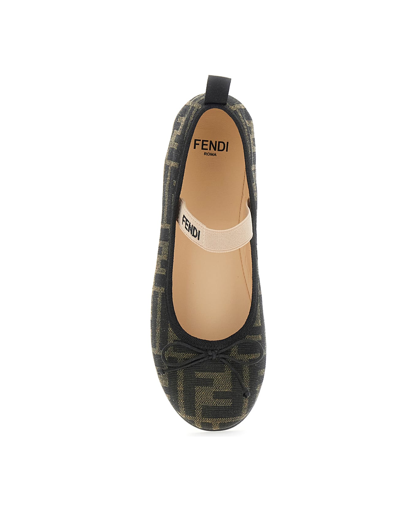 Fendi Brown Ballet Shoes With Strap With Logo Lettering And Bow Detail In Ff Canvas Girl - Brown