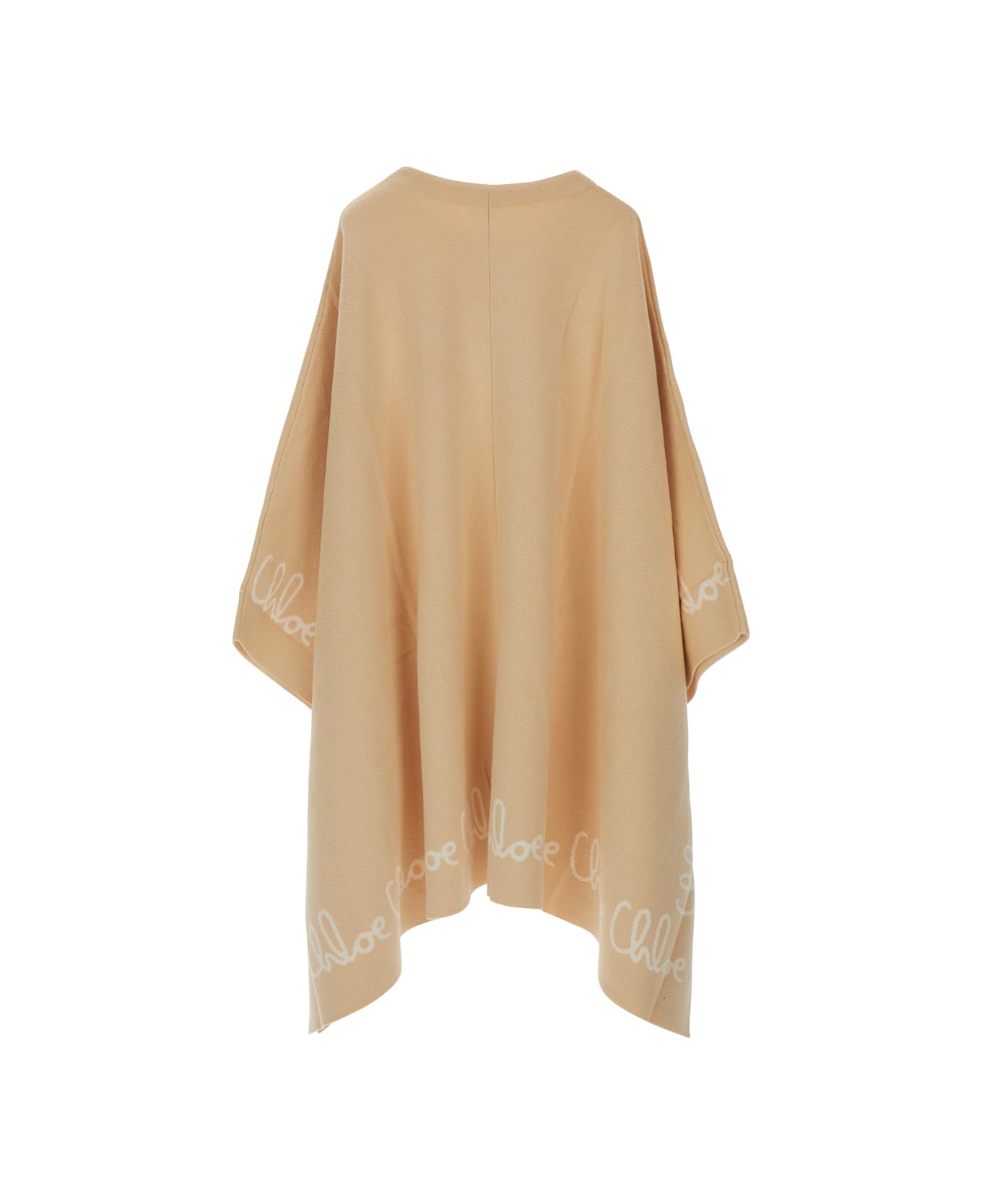 Chloé Beige Crew Neck Cape With Logo Lettering On The Edges In Cotton Girl - Beige
