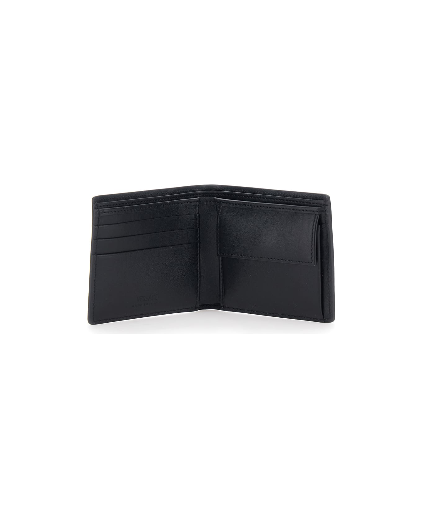 Versace Black Bi-fold Wallet With Medusa Plaque On The Front And Logo Lettering On The Rear In Ecoleather Man - Black