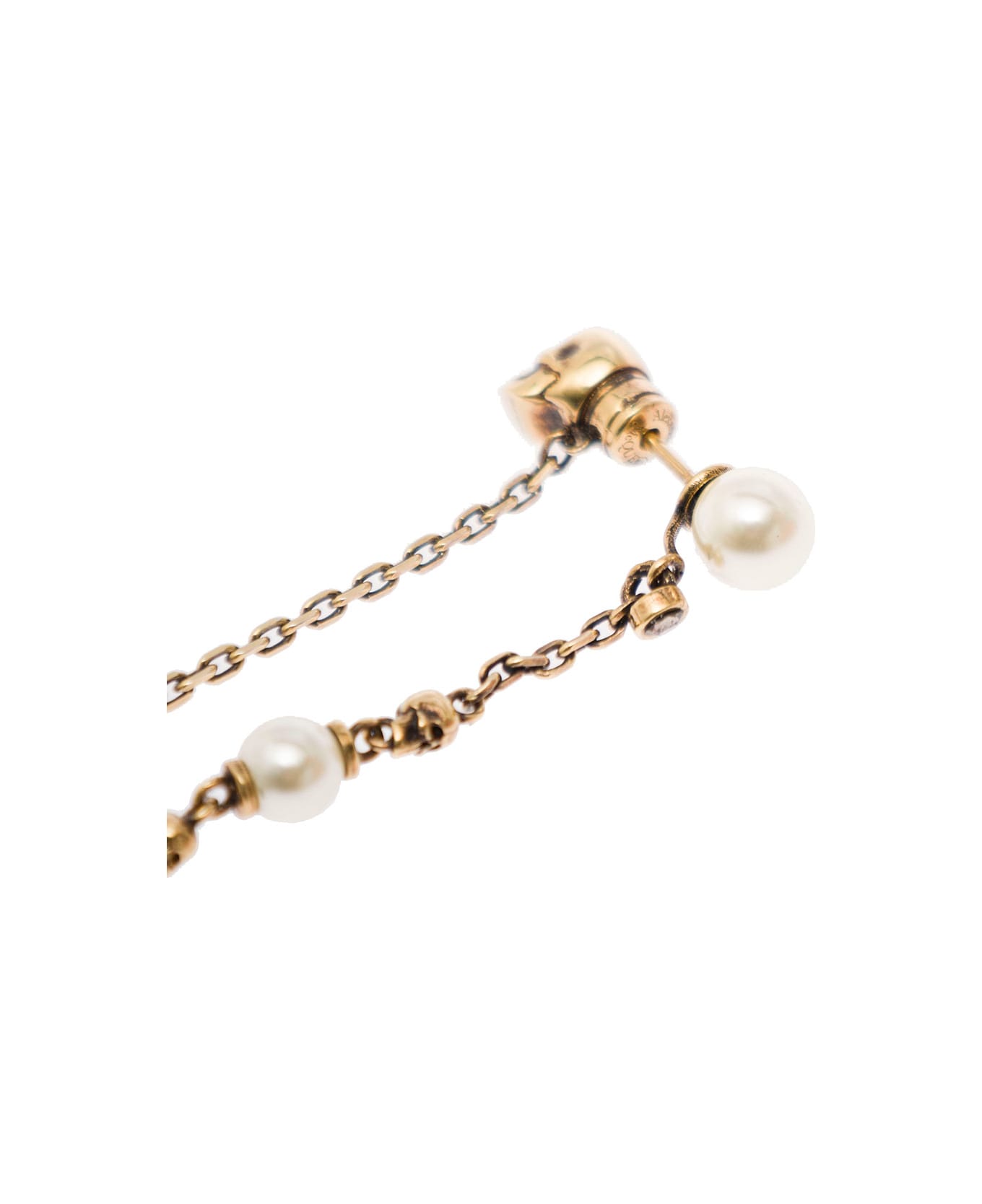 Alexander McQueen Antique Gold-finished Drop Chain V-neck With Skulls And Pearls In Brass Woman Alexander Mcqueen - Metallic
