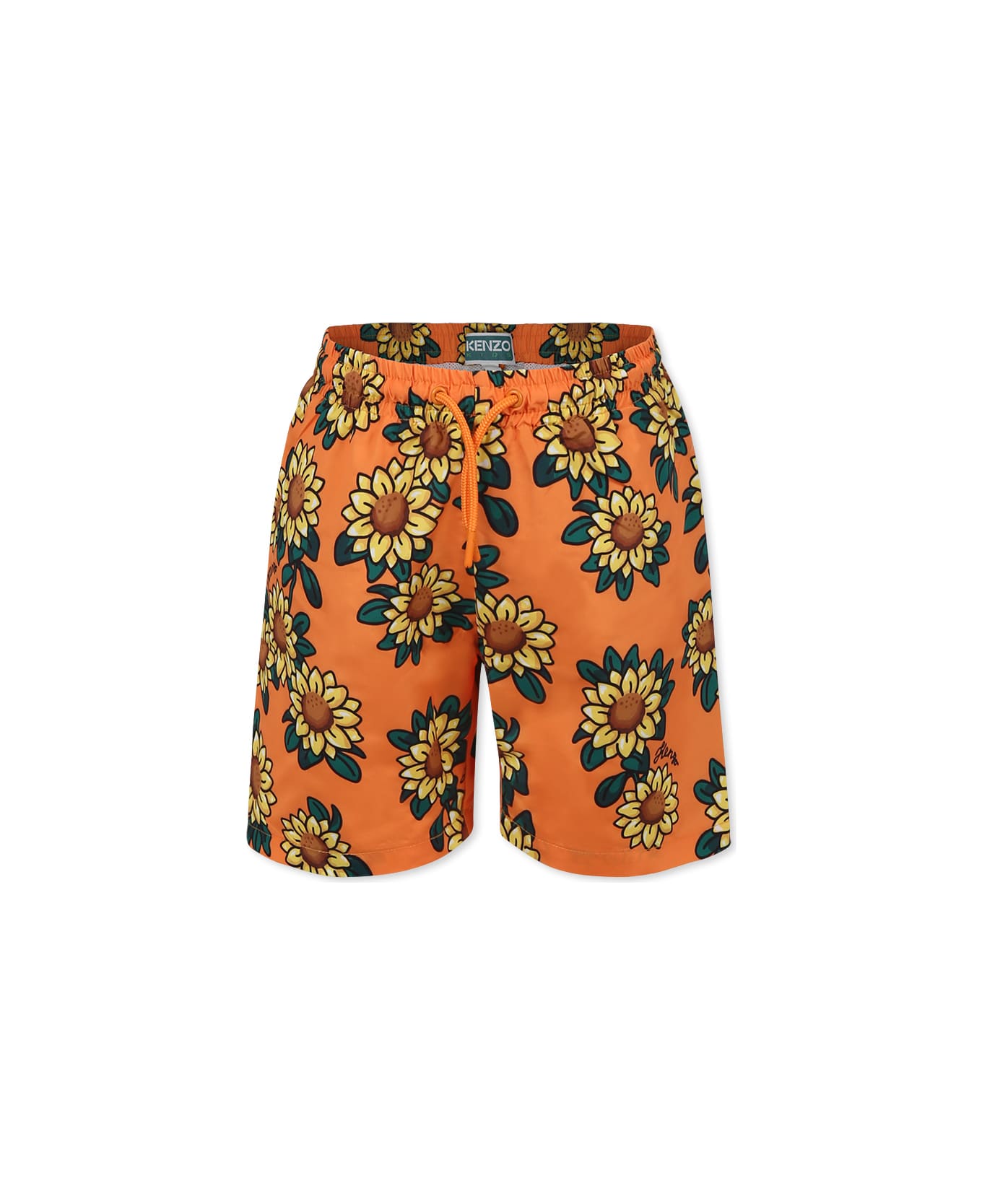Kenzo Kids Orange Swim Shorts For Boy With Sunflower Print And Black Logo - Orange