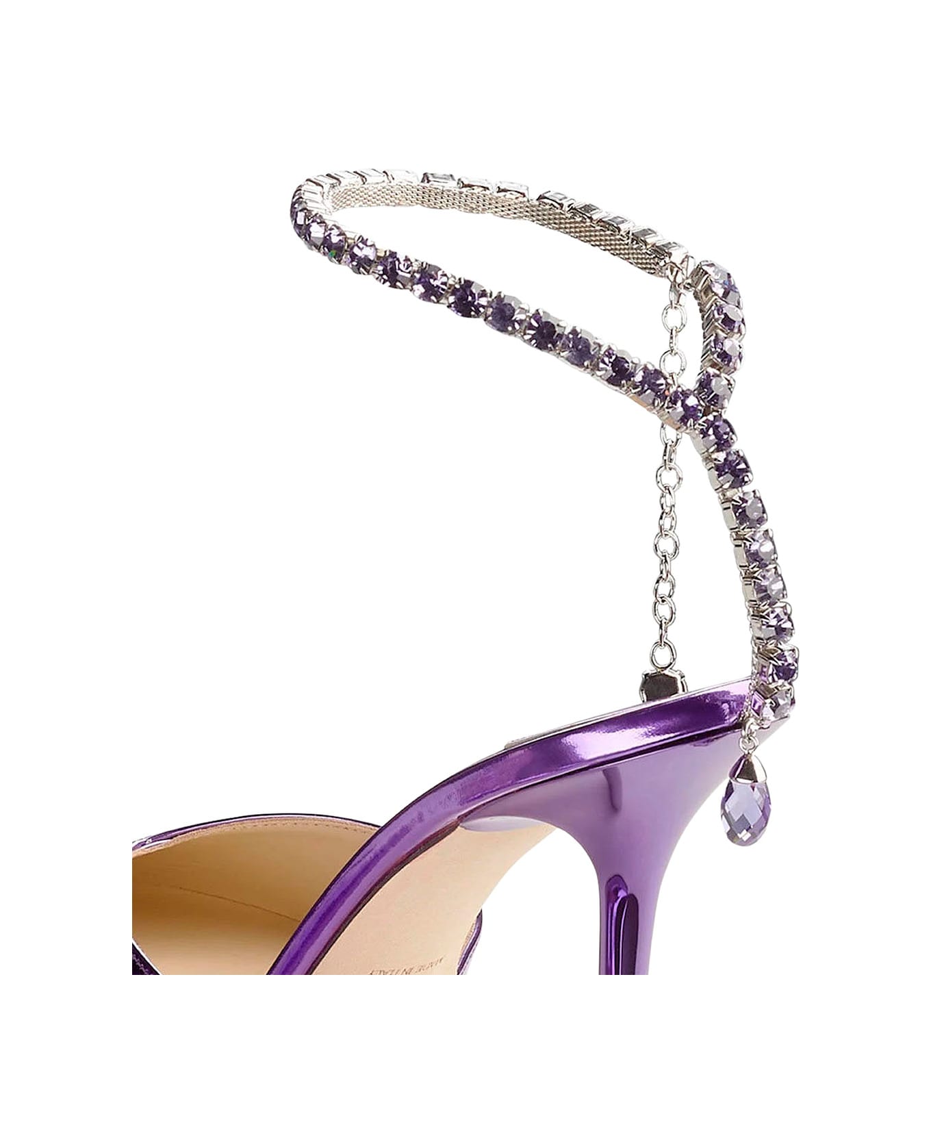 Jimmy Choo 'saeda' Purple Pointed And Closed Toe Sandals With Rhinestone Chain In Metallic Leather Woman - Violet
