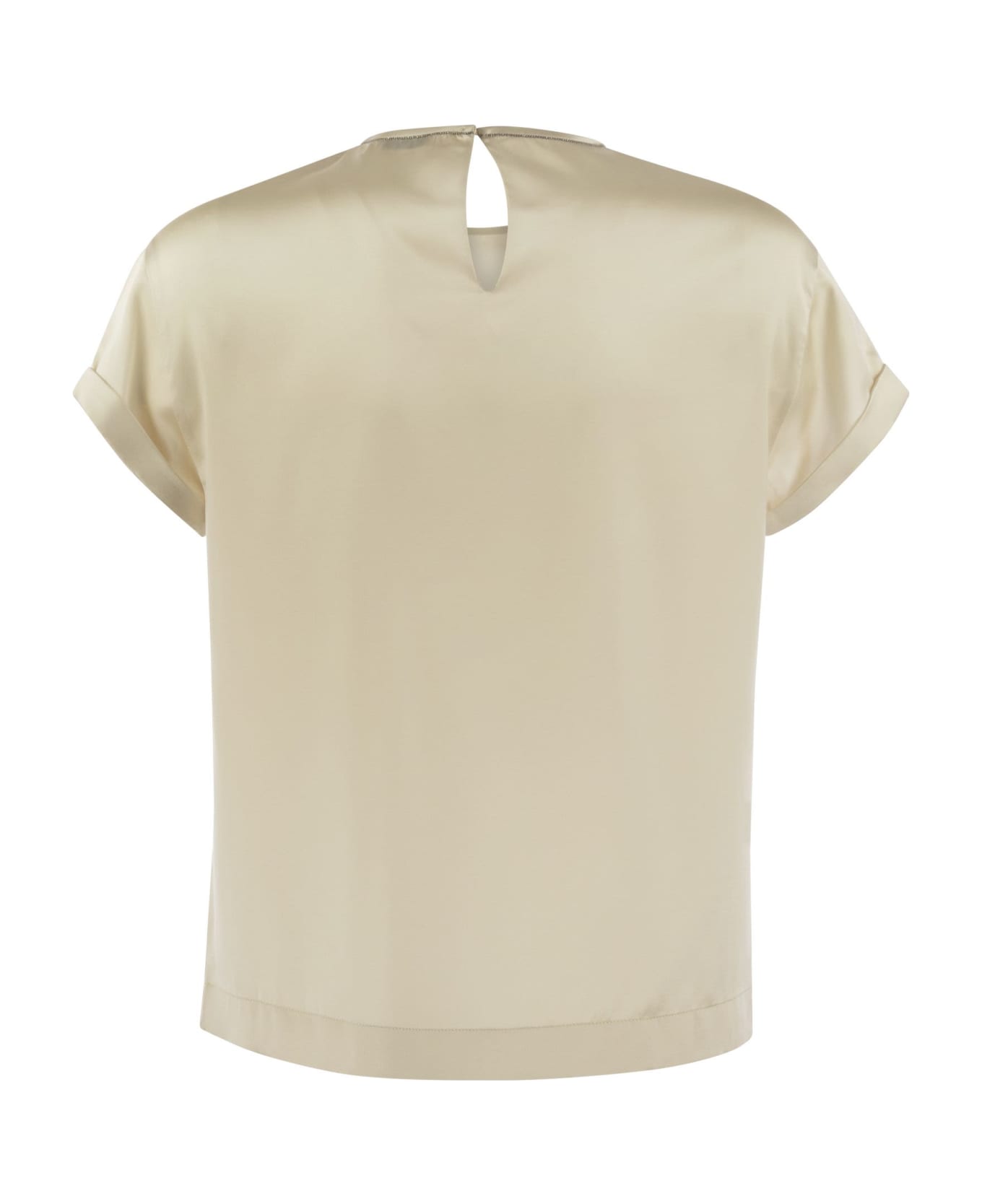 Brunello Cucinelli Stretch Silk Satin T-shirt With Necklace - Cream