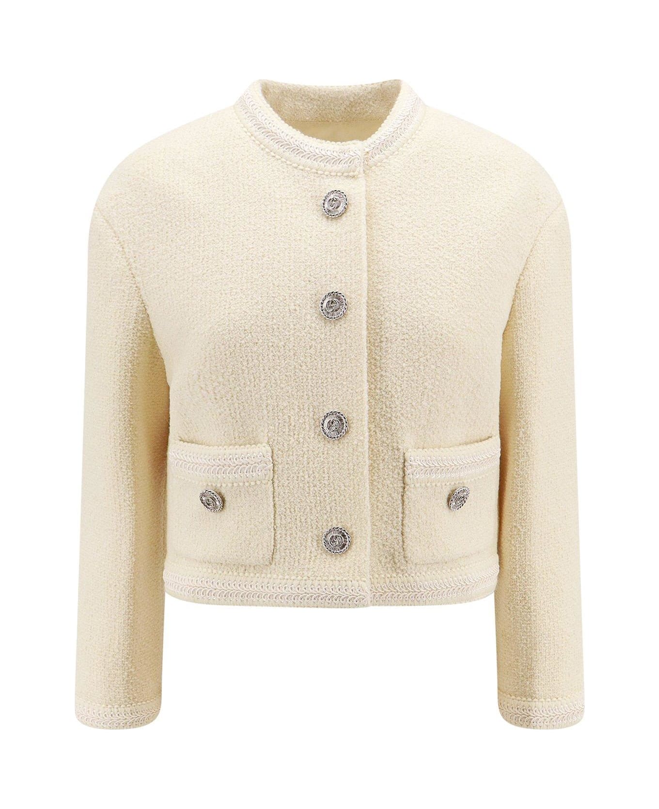 Gucci Button-up Cropped Tweed Blazer - White