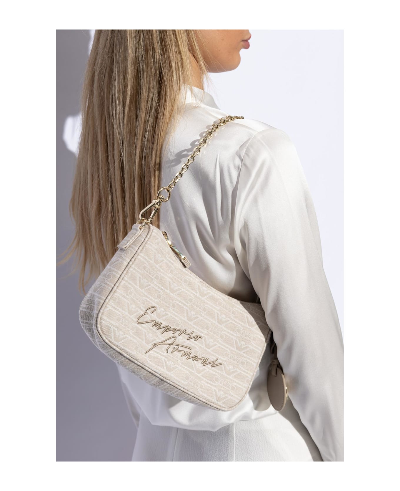 Emporio Armani Shoulder Bag With Embroidered Logo - Natural