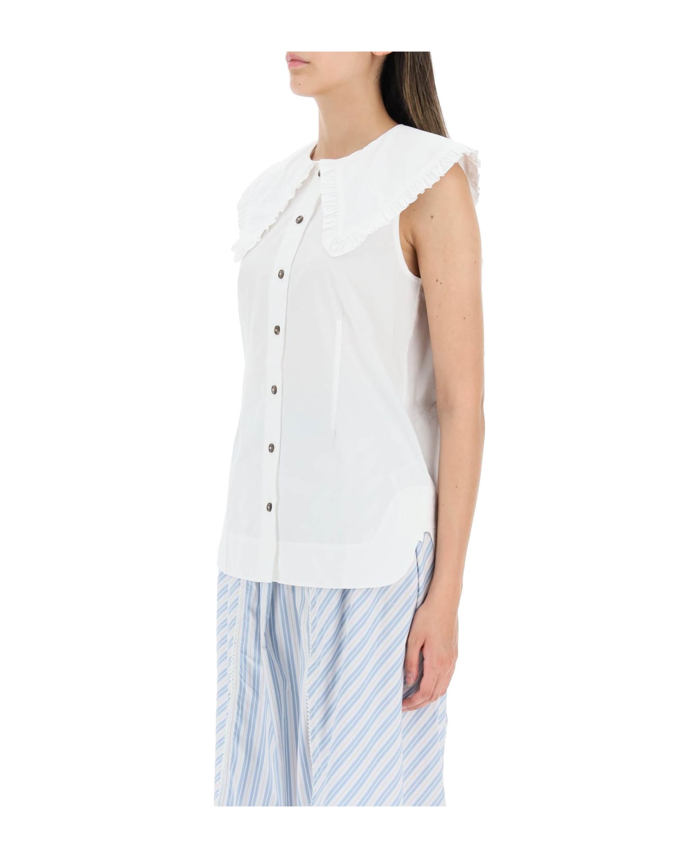 Ganni Cotton Sleeveless Shirt With Oversized Collar