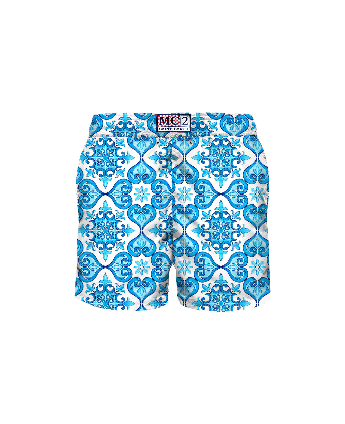MC2 Saint Barth Man Light Fabric Swim Shorts With Majolica Print - WHITE