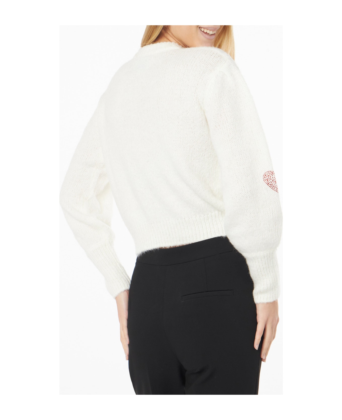 MC2 Saint Barth Woman Brushed White Sweater With Rhinestones Hearts - WHITE