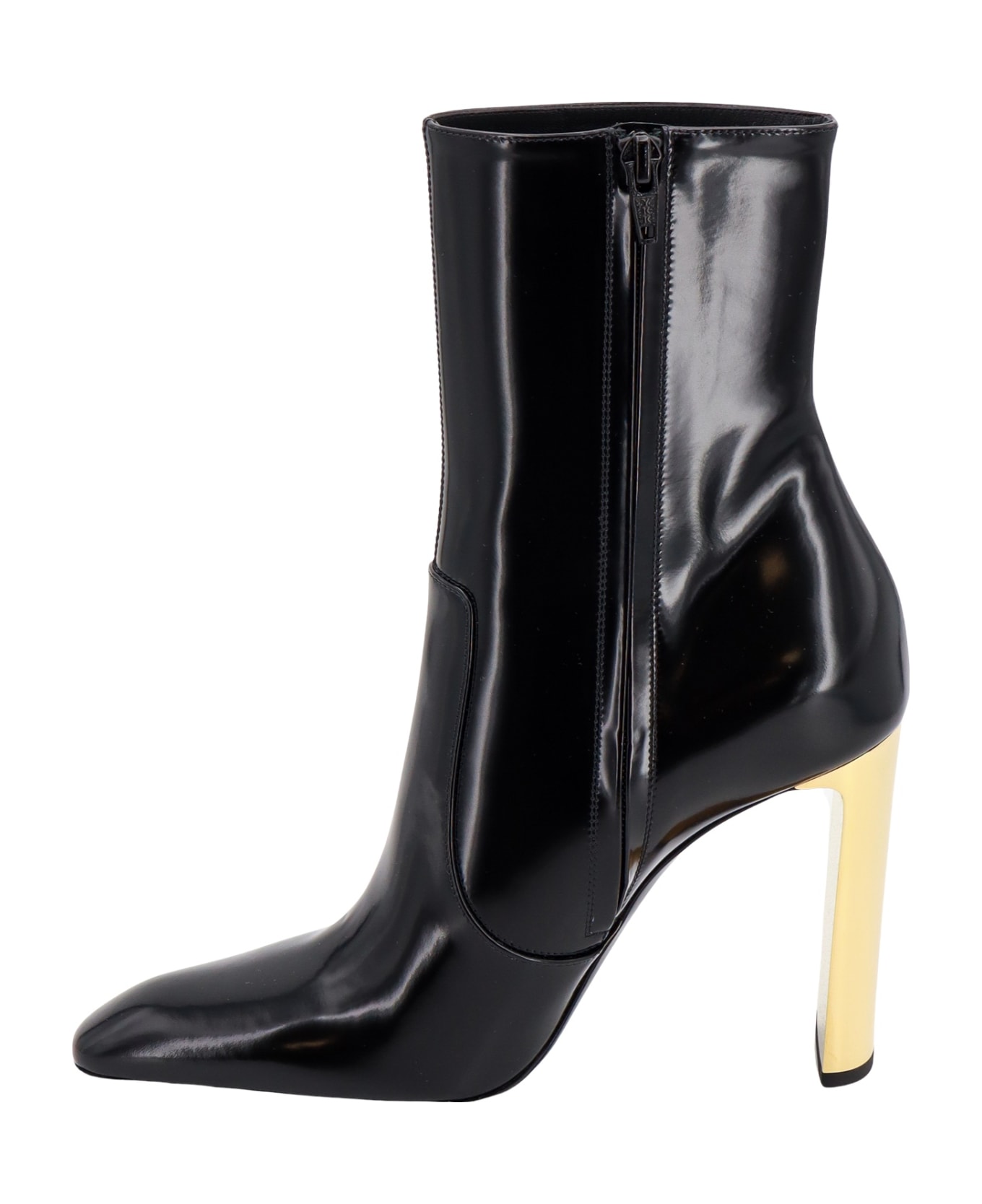 Saint Laurent Ankle Boot In Glazed Leather And Gold Heel - Black