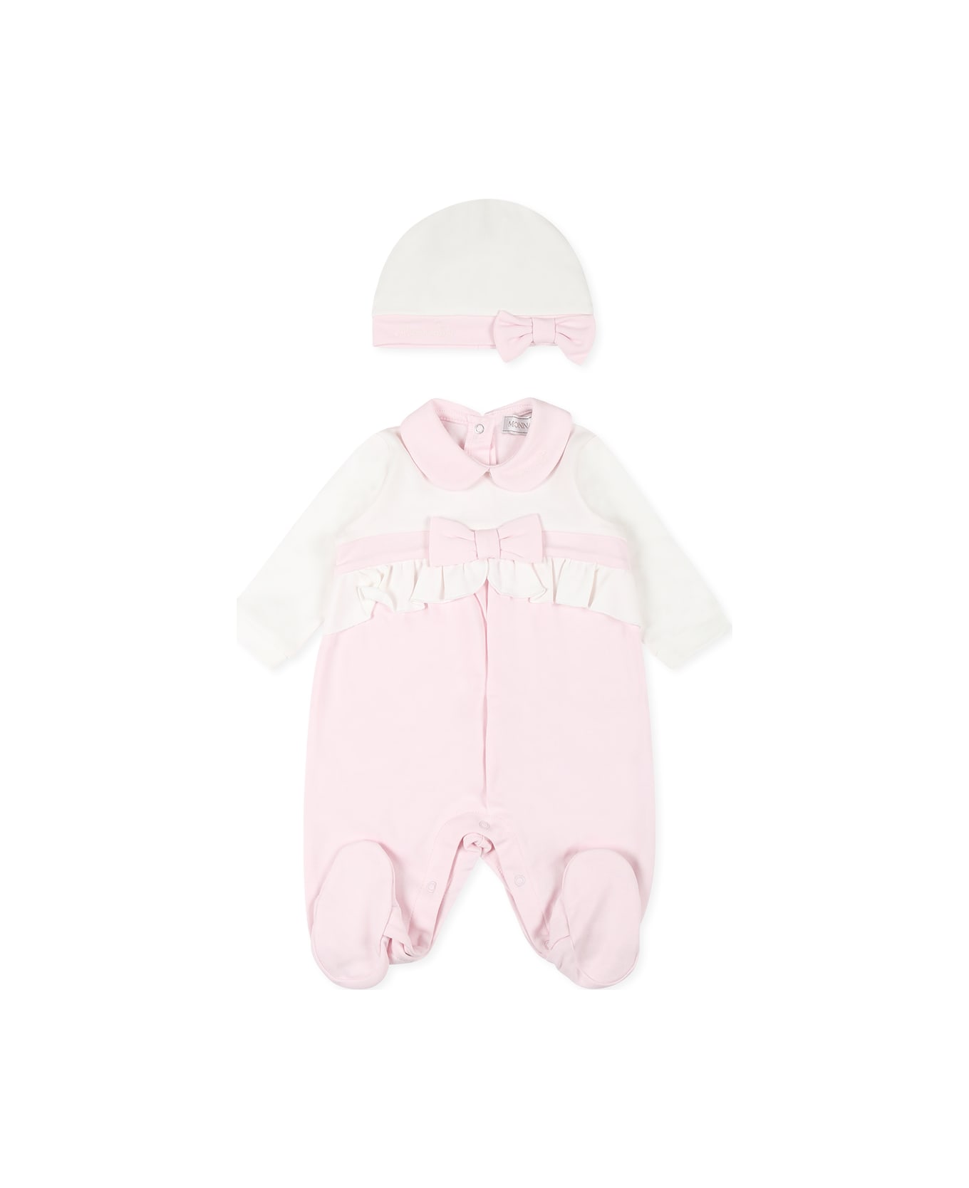 Monnalisa Pink Babygrow Set For Baby Girl With Logo - Pink ボディスーツ＆セットアップ