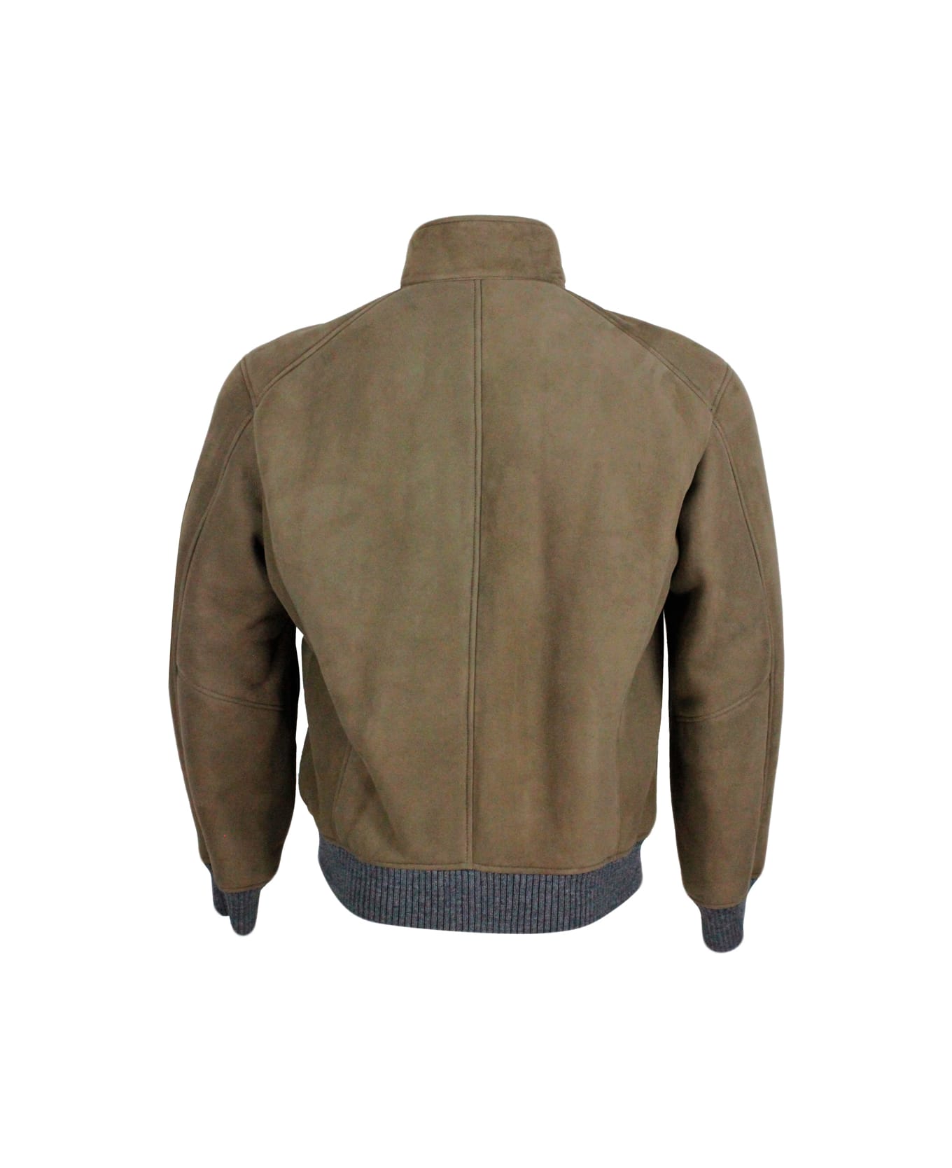 Barba Napoli Bomber Jacket In Fine And Soft Shearling Sheepskin With Stretch Knit Trims And Zip Closure. Front Pockets - Taupe