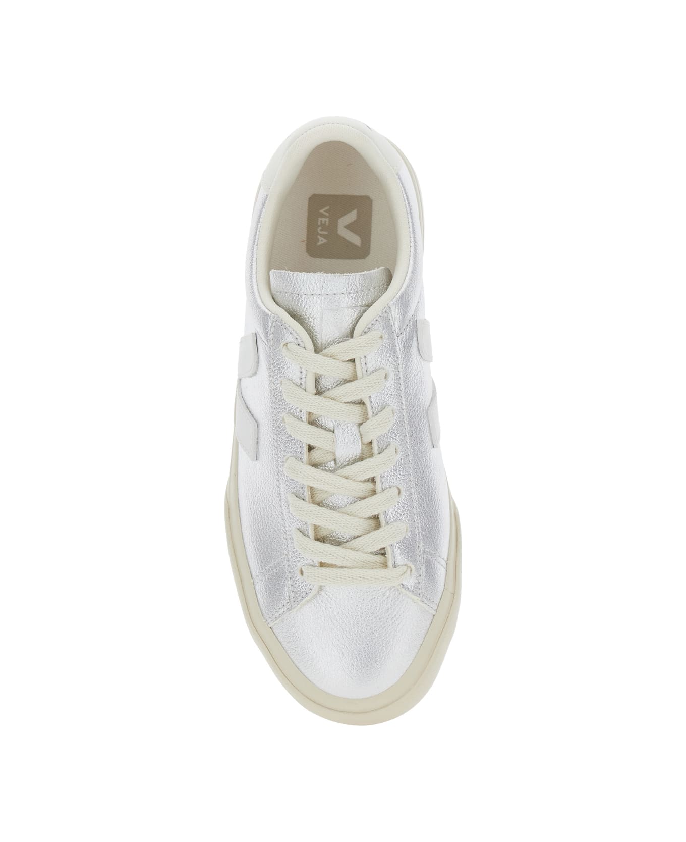 Veja 'campo' Metallic Low Top Sneakers With Logo Detail On The Side And Logo Lettering On The Heel In Leather Unisex - Argento