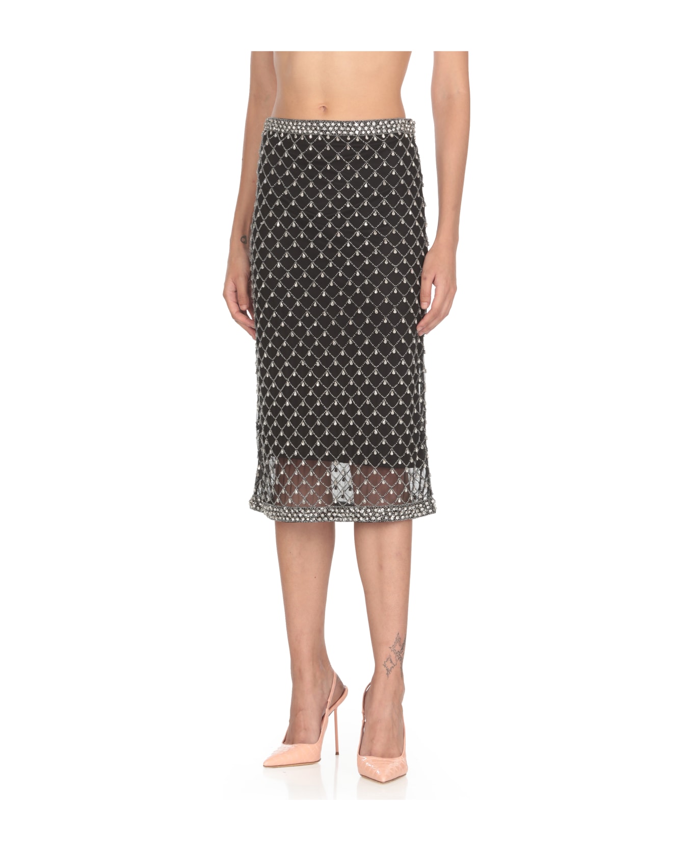 Pinko Carrieri Tulle Embroidered Skirt - Black Crystal