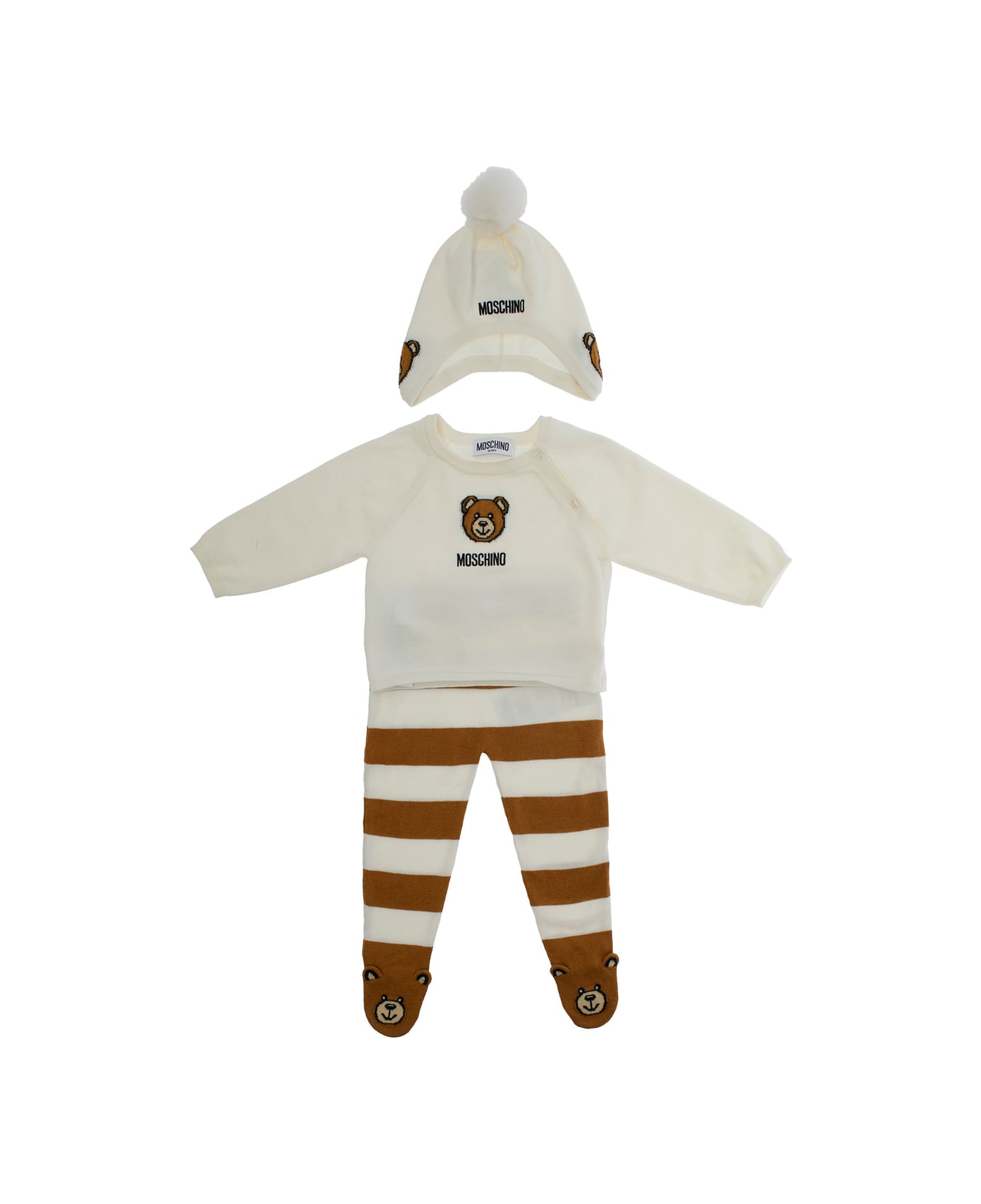 Moschino White And Brown Three-pieces Set With Teddy Bear Print In Cotton And Wool Blend Baby - Multicolor