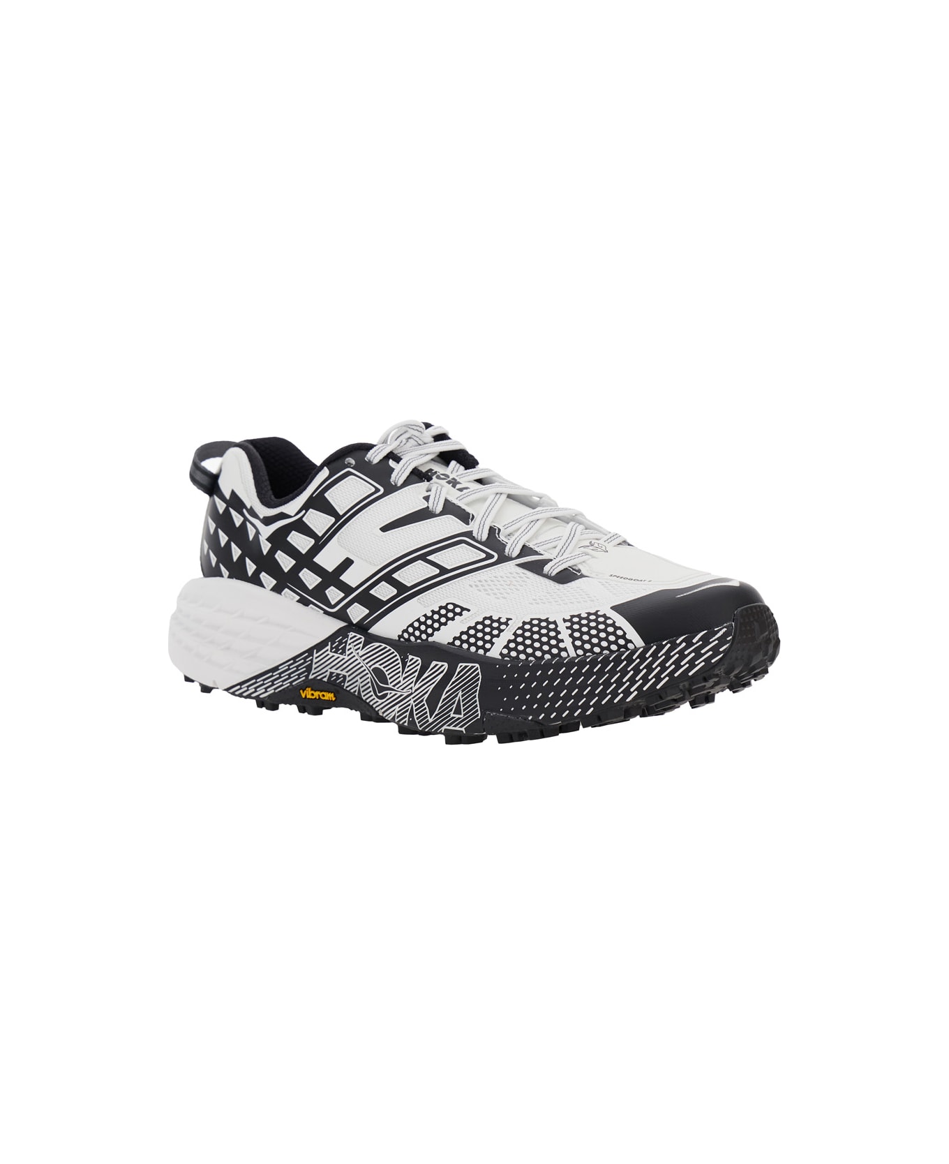 Hoka 'speedgoat' Black And White Low Top Sneakers With Geometric Motif In Tech Fabric Unisex - White/black