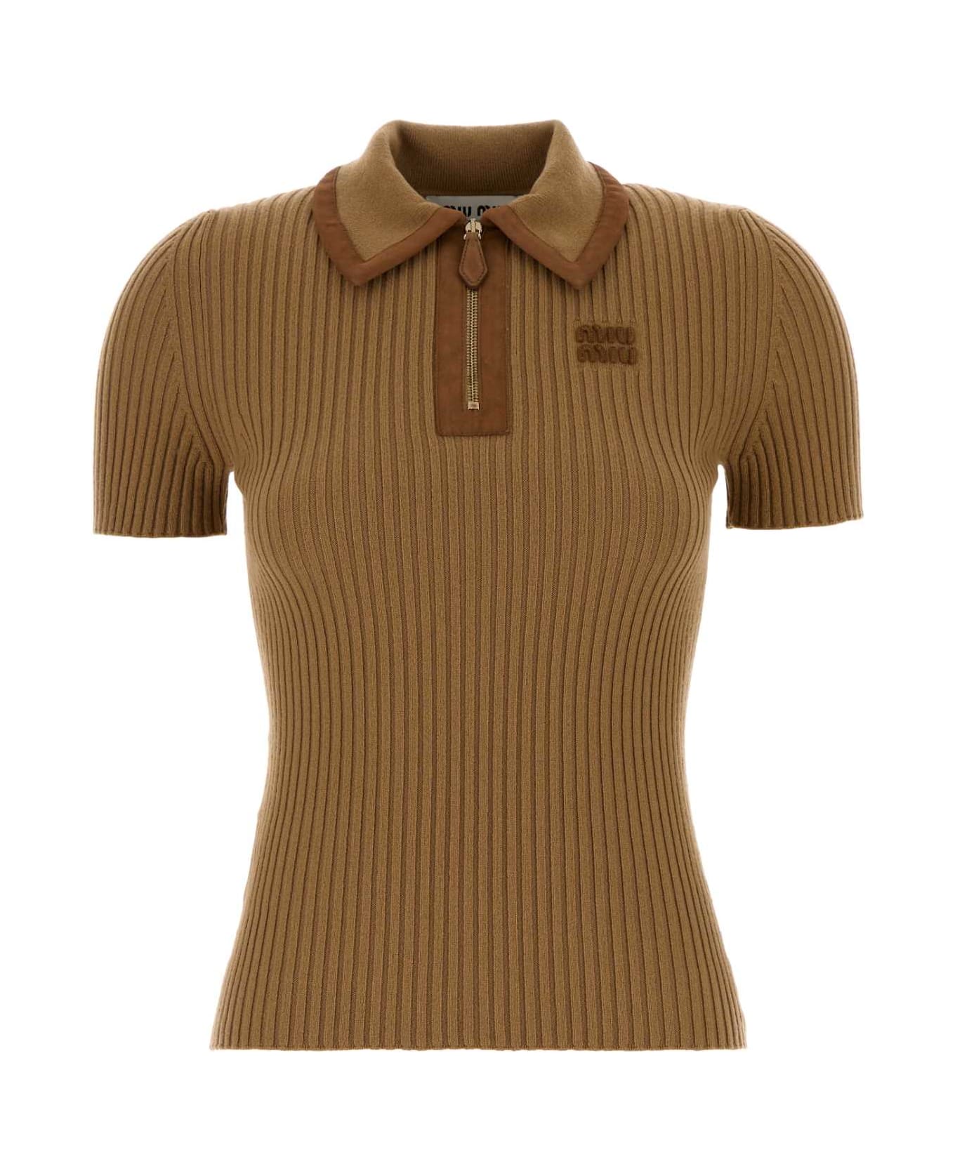 Miu Miu Camel Stretch Cashmere Blend Polo Shirt - SABBIA