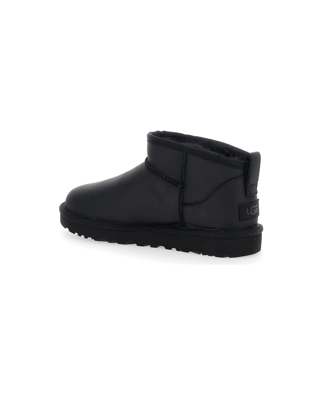 UGG 'classic Ultra Mini' Black Ankle Boots With Shearling Lining In Leather Woman - Black