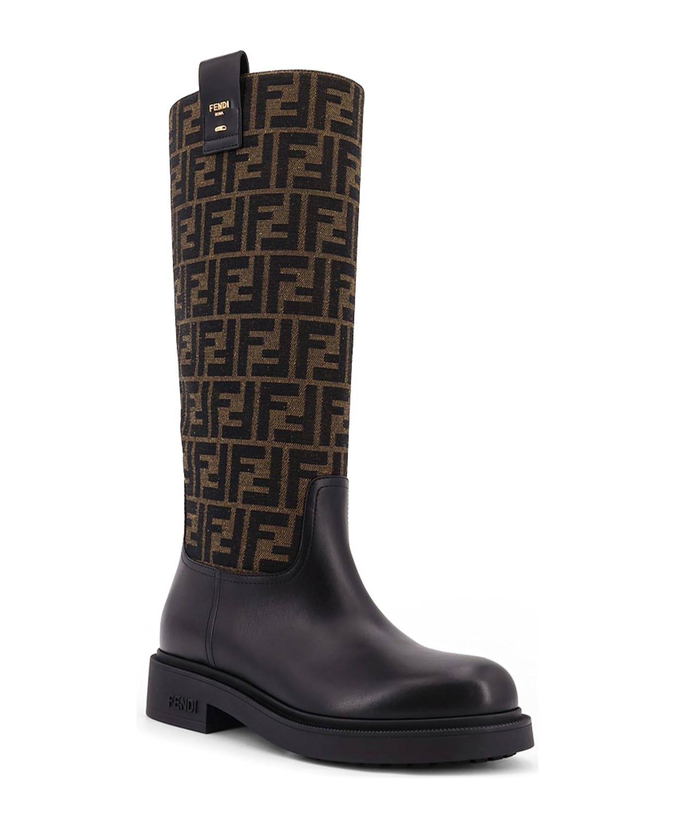 Fendi Filo Leather And Ff Jacquard Fabric Boots - NERO+TABACCO NERO