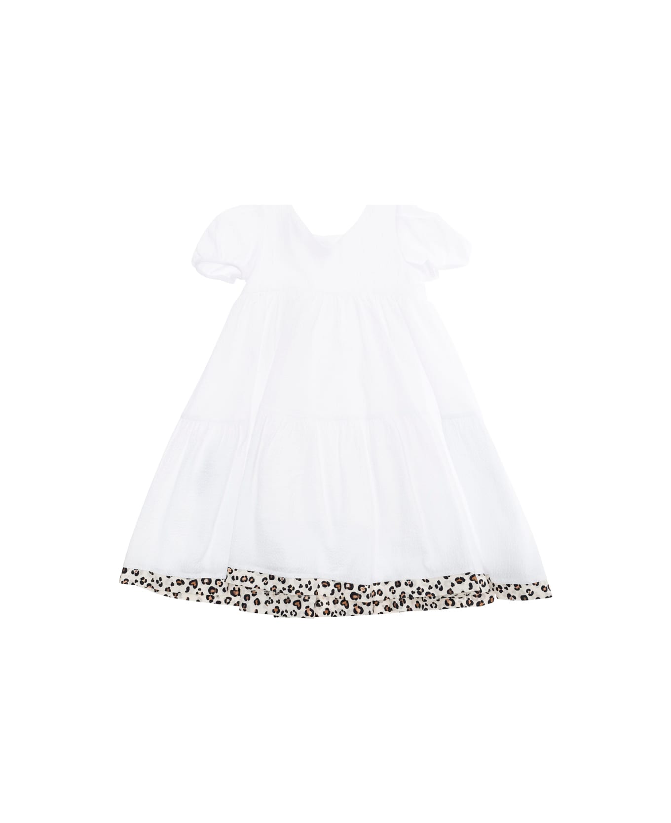 Monnalisa 
capri
 White Flared Dress With Maxi Bow On The Front And Leopard Hem In Cotton Girl - White