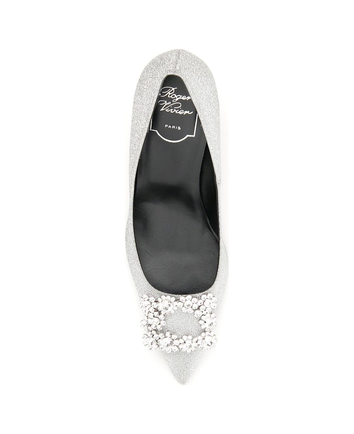 Roger Vivier Flower Buckle Pointed Toe Pumps - Silver