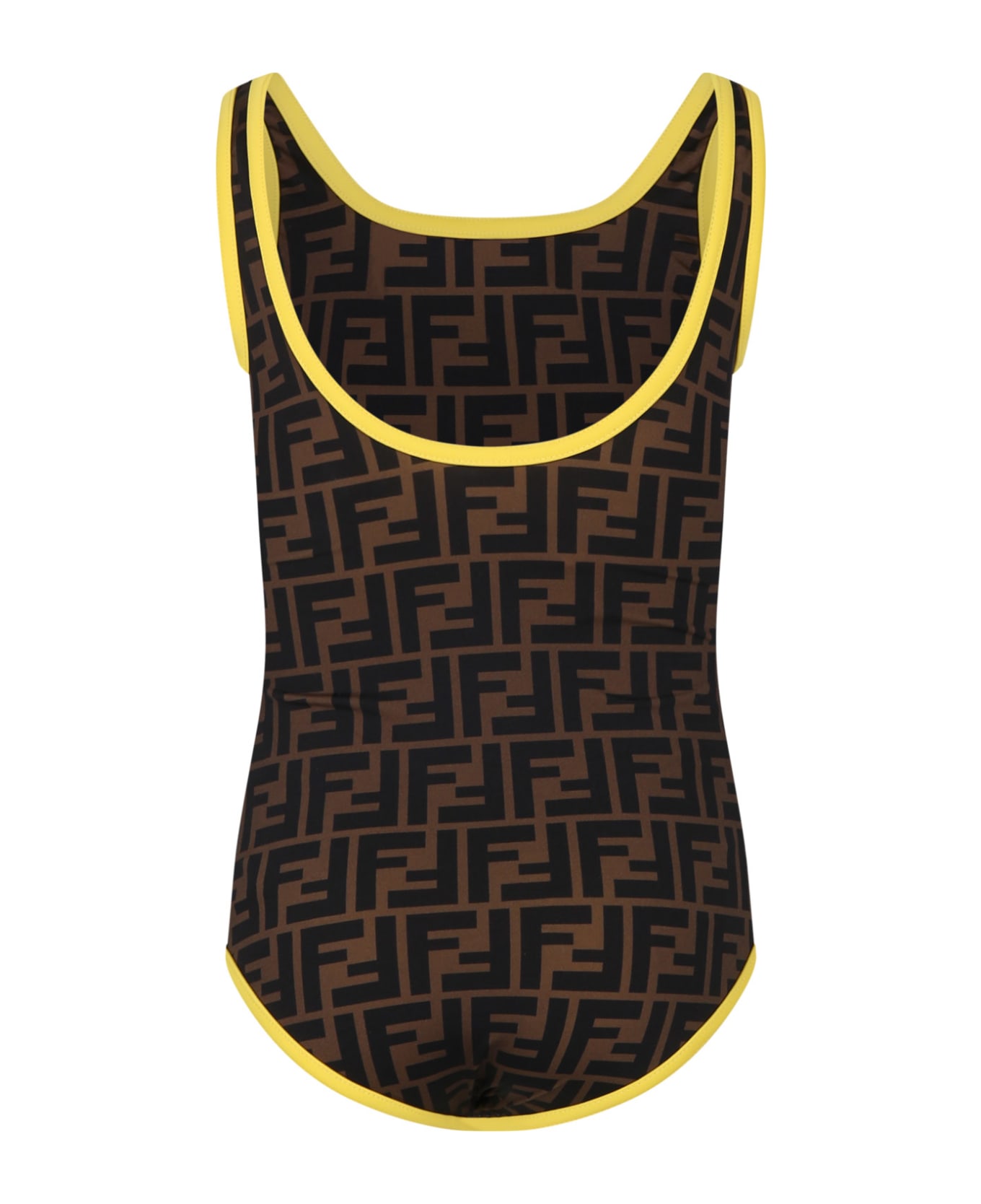 Fendi Brown Swimsuit For Girl With Iconic Ff And Fendi Logo - Brown
