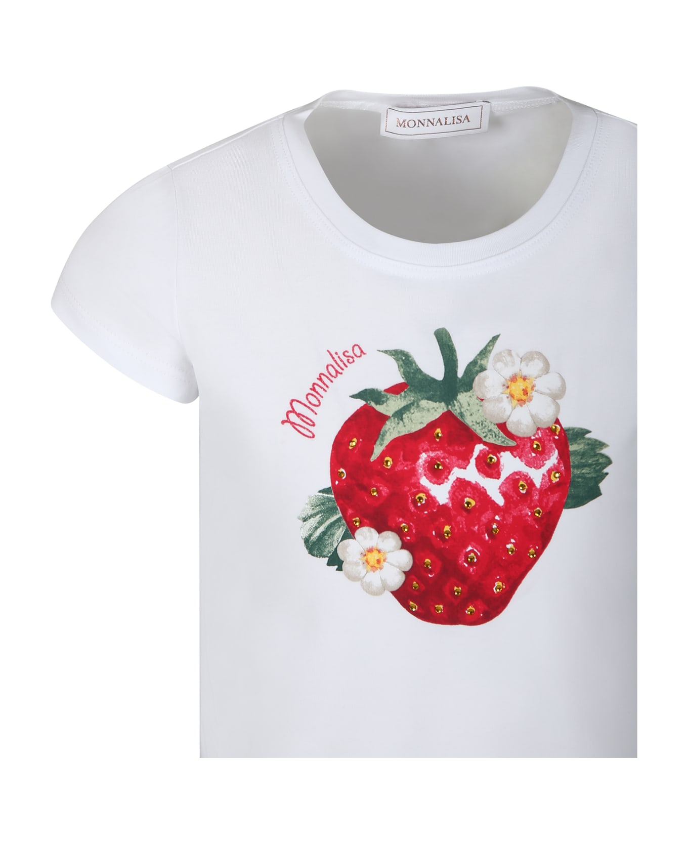Monnalisa White T-shirt For Girl With Strawberry Print - White Tシャツ＆ポロシャツ