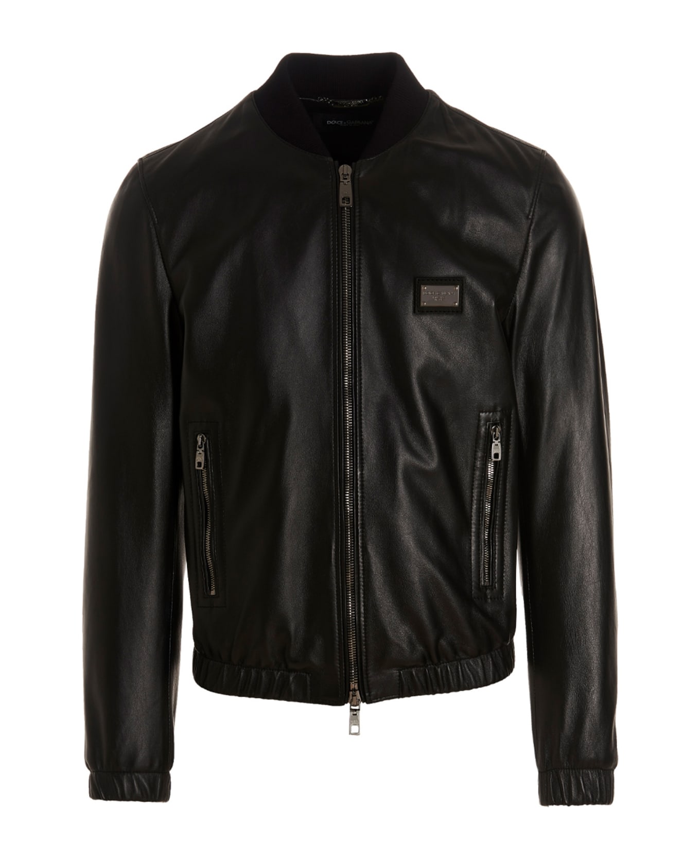 Dolce & Gabbana Leather Jacket With Logo Plaque - black