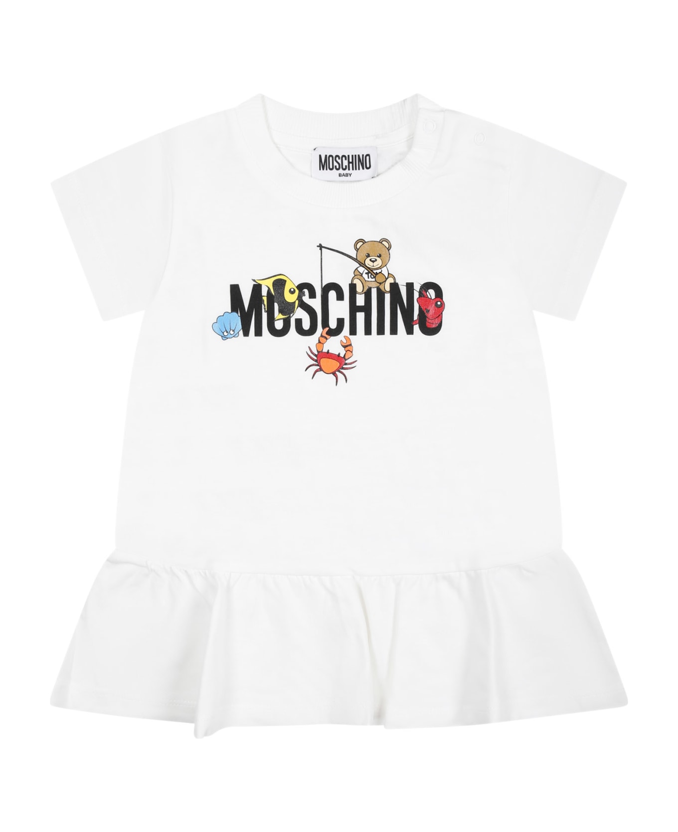 Moschino White Dress For Baby Girl With Logo And Animals - White ウェア