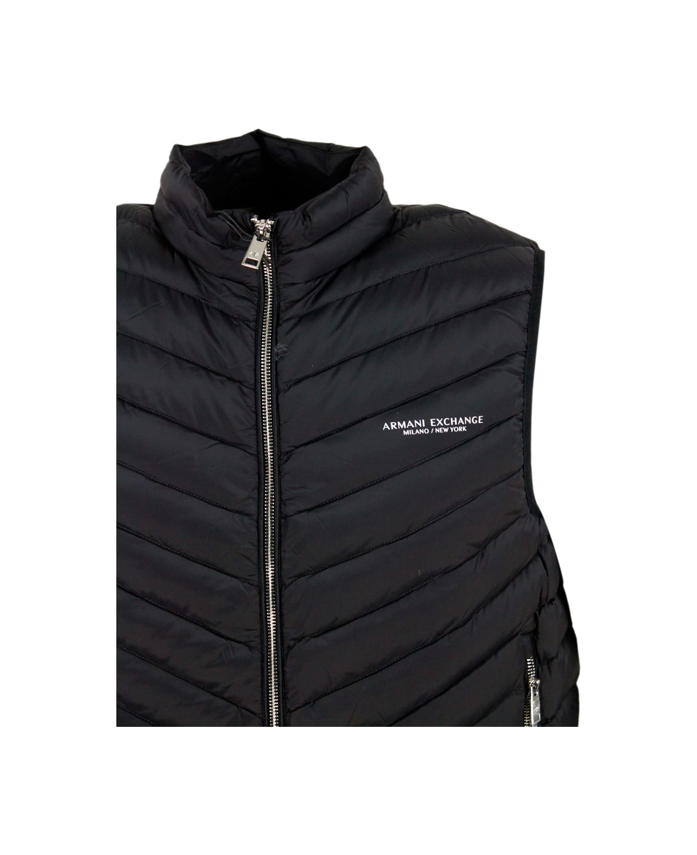 Armani Collezioni Sleeveless Vest In Light Down Jacket With Logoed And Elasticated Bottom And Zip Closure - Black