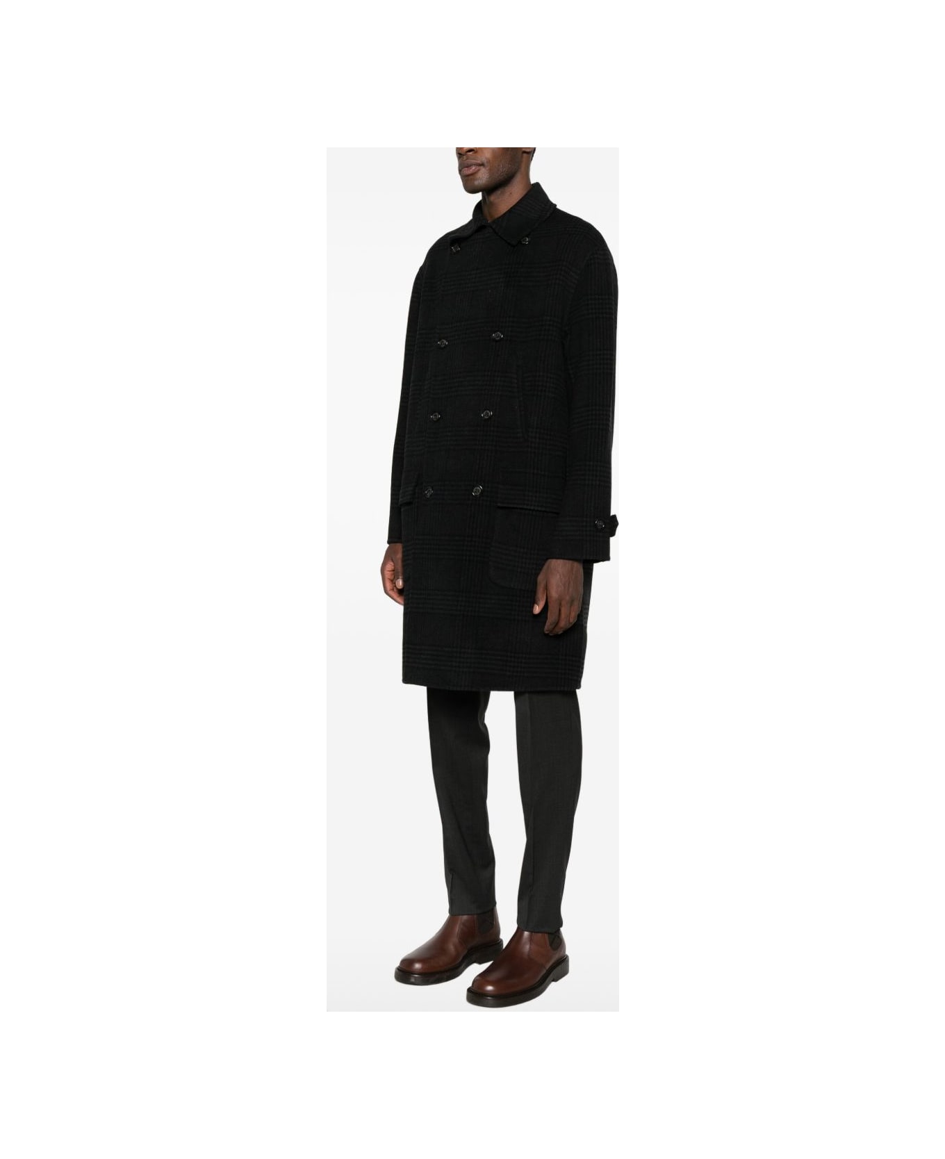 Paolo Pecora Checked Double-breasted Coat - Black
