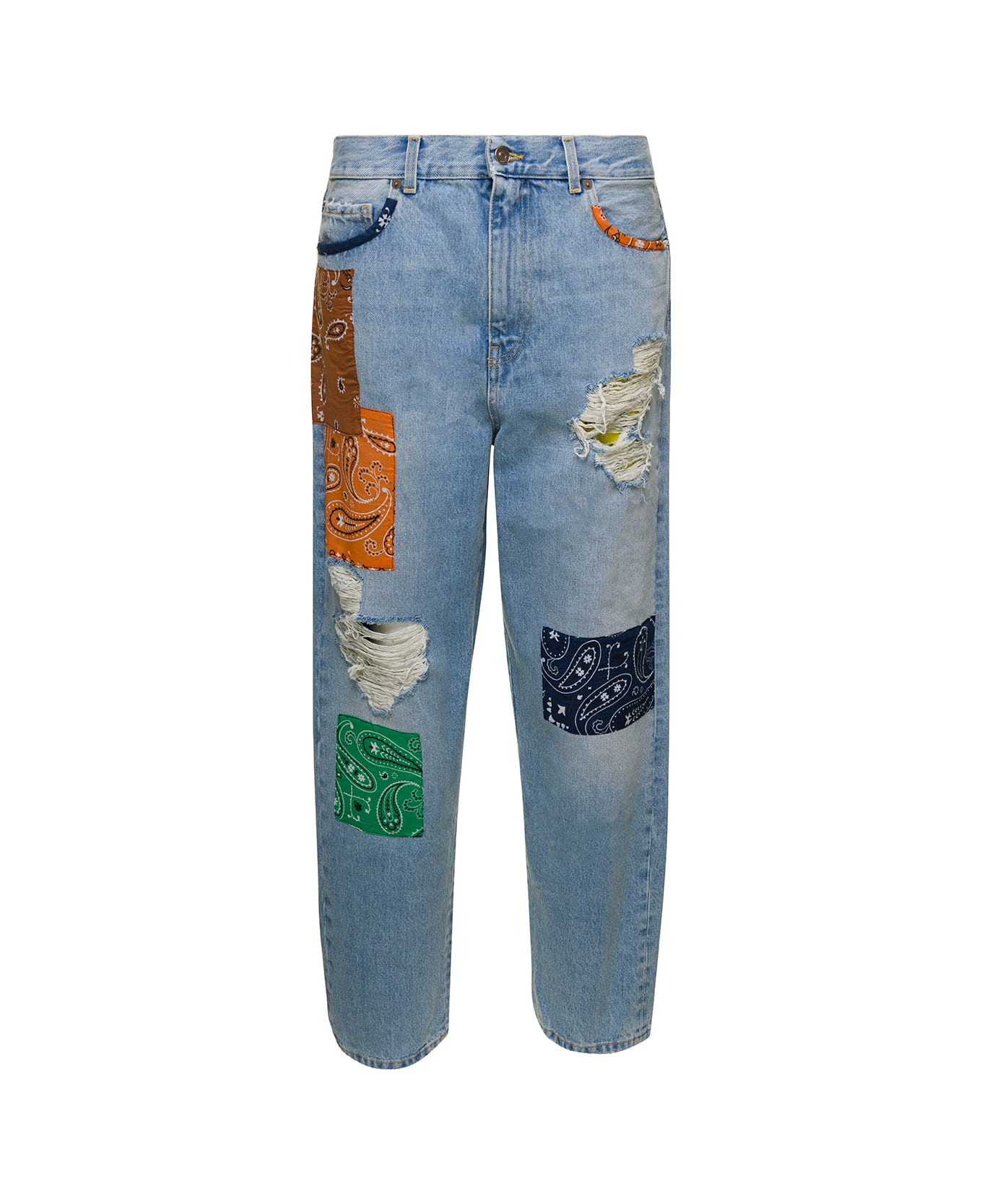 Alanui Light Blue Jeans With Bandana Patchwork In Cotton Denim Woman - Blu デニム